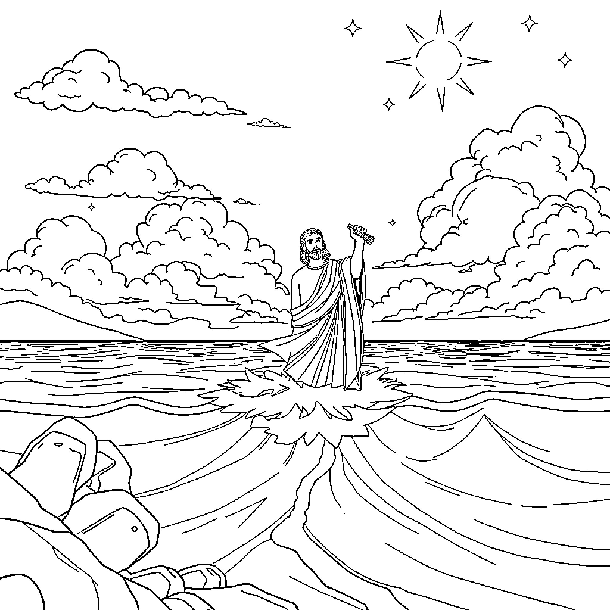 Moisés parts the Red Sea in divine scene Coloring Page (free black-and-white line drawing printable PDF for all, from beginners to advanced learners, including children, teens, adults, and seniors)