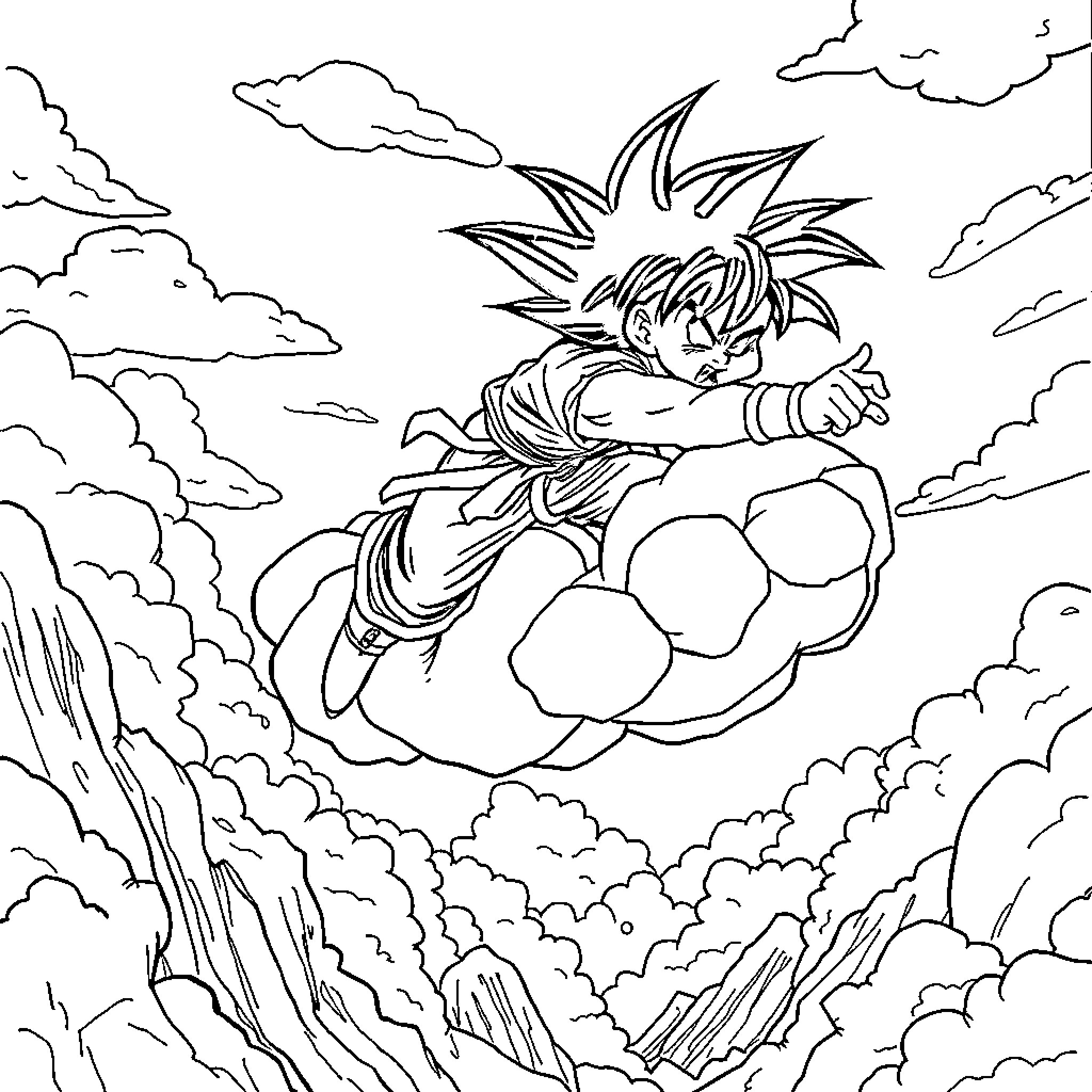 Dragon warrior soaring through the clouds Coloring Page (free black-and-white line drawing printable PDF for all, from beginners to advanced learners, including children, teens, adults, and seniors)