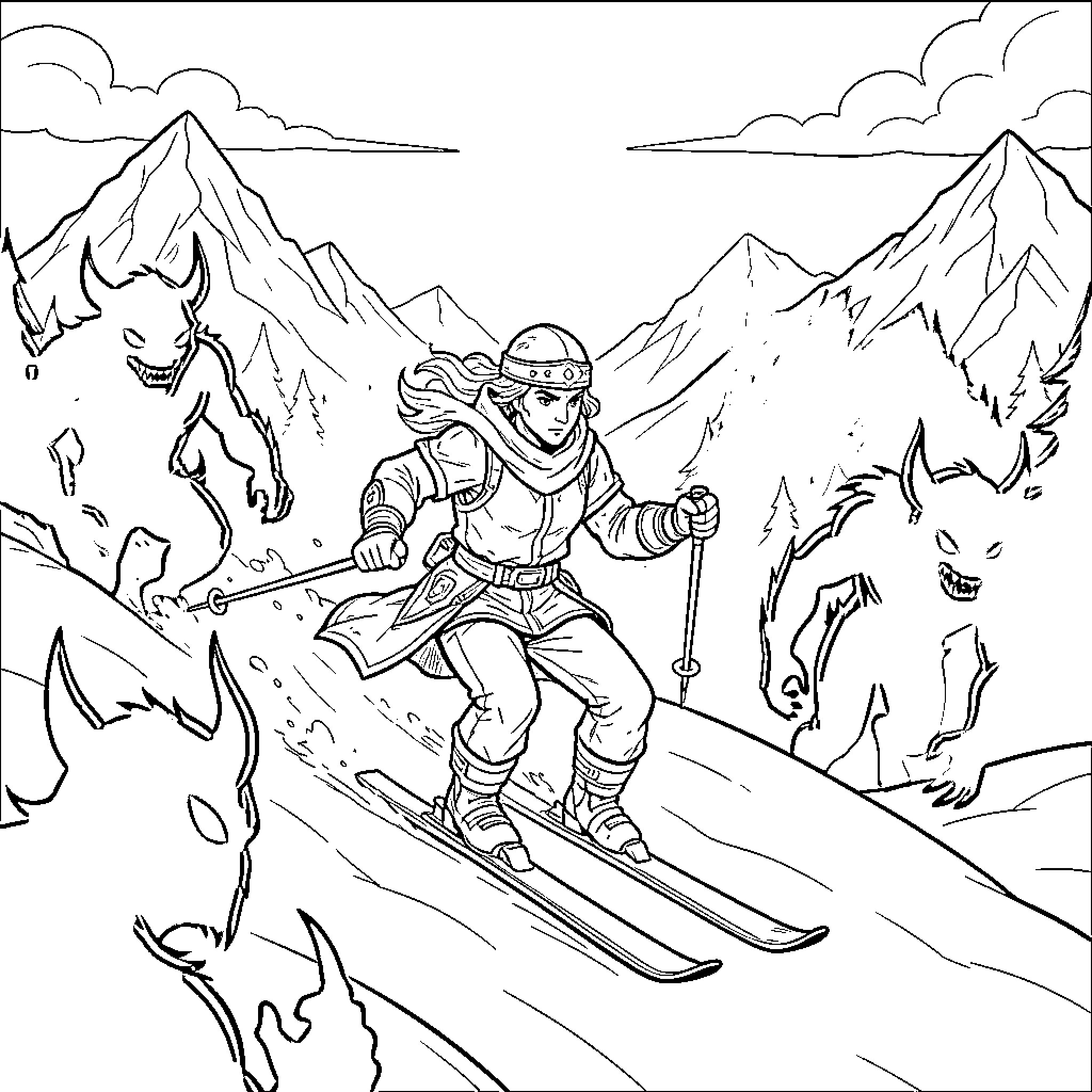 Rumi's Thrilling Ski Adventure in the Mountains Coloring Page (free black-and-white line drawing printable PDF for all, from beginners to advanced learners, including children, teens, adults, and seniors)