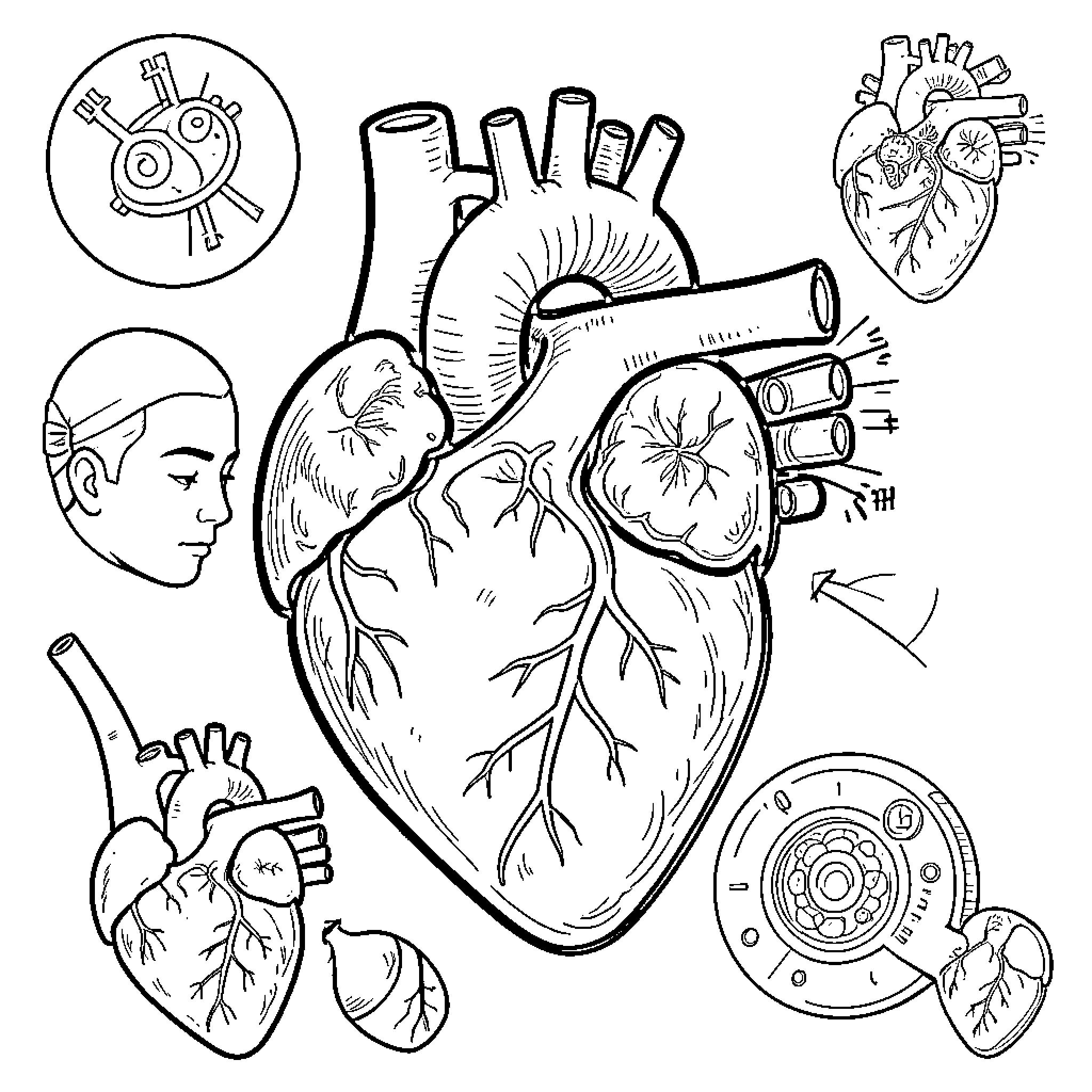 Cardiac anatomy diagrams and human profile illustration Coloring Page (free black-and-white line drawing printable PDF for all, from beginners to advanced learners, including children, teens, adults, and seniors)