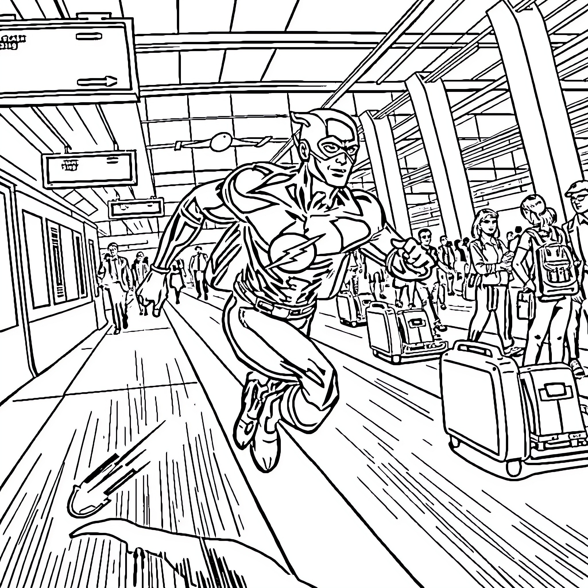 Flash Racing Through Crowded Airport Terminal Coloring Page (free black-and-white line drawing printable PDF for all, from beginners to advanced learners, including children, teens, adults, and seniors)