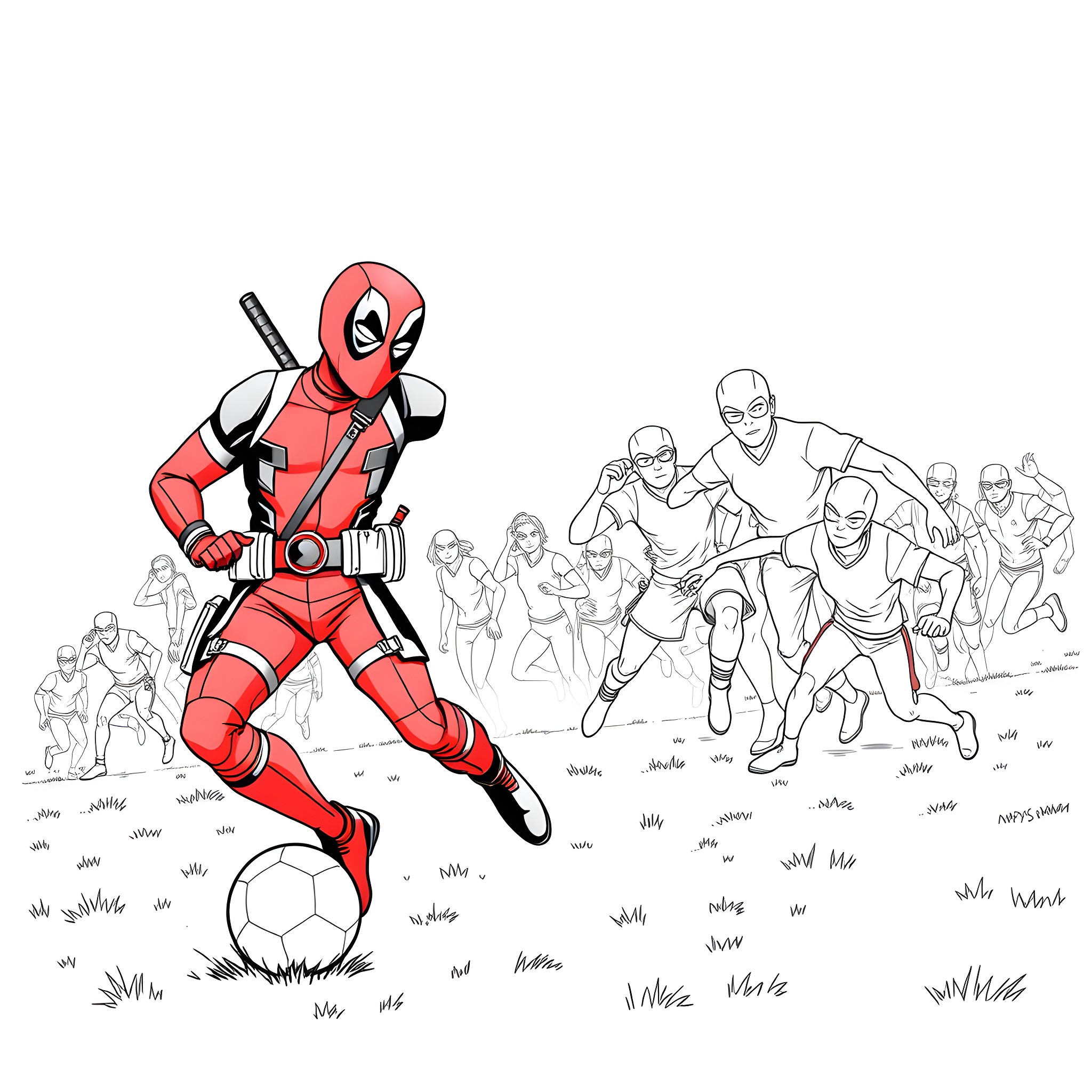 Deadpool playing soccer with a crowd Coloring Page (free black-and-white line drawing printable PDF for all, from beginners to advanced learners, including children, teens, adults, and seniors)