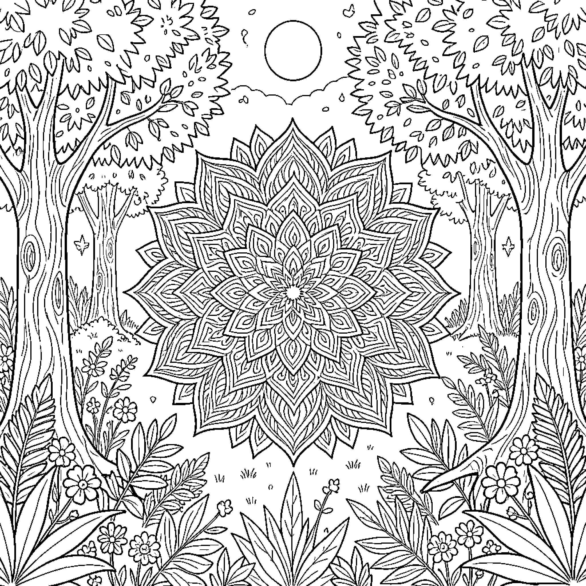 Forest Mandala in Moonlit Nature Coloring Page (free black-and-white line drawing printable PDF for all, from beginners to advanced learners, including children, teens, adults, and seniors)