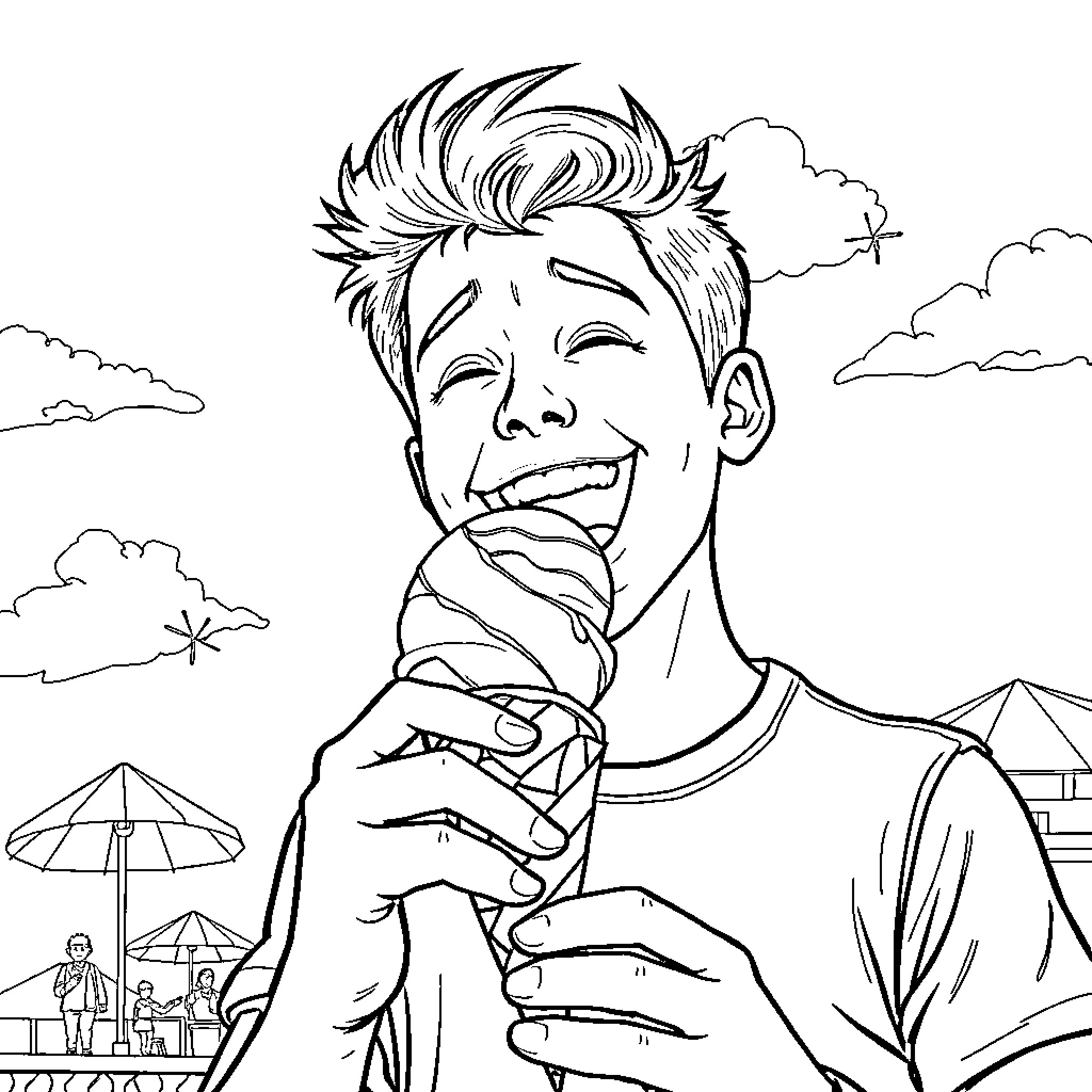 Matthew Tkachuk enjoying an ice cream on a sunny day Coloring Page (free black-and-white line drawing printable PDF for all, from beginners to advanced learners, including children, teens, adults, and seniors)