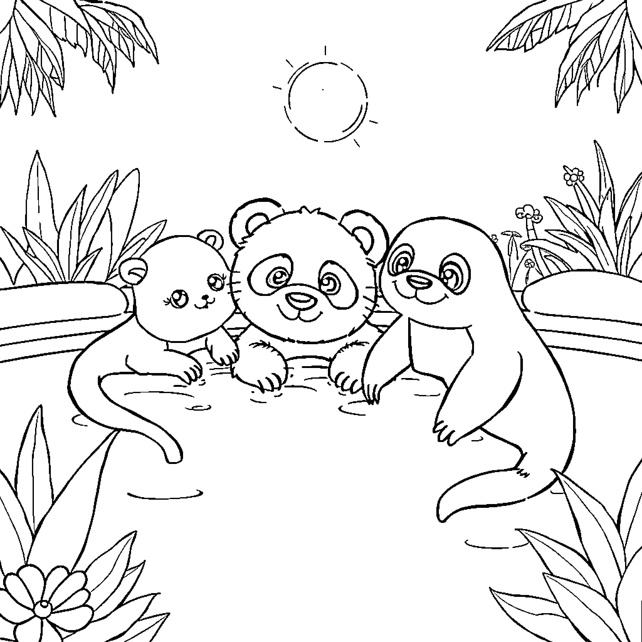 Plush Toy Pandas Playing in Tropical Setting Coloring Page (free black-and-white line drawing printable PDF for all, from beginners to advanced learners, including children, teens, adults, and seniors)