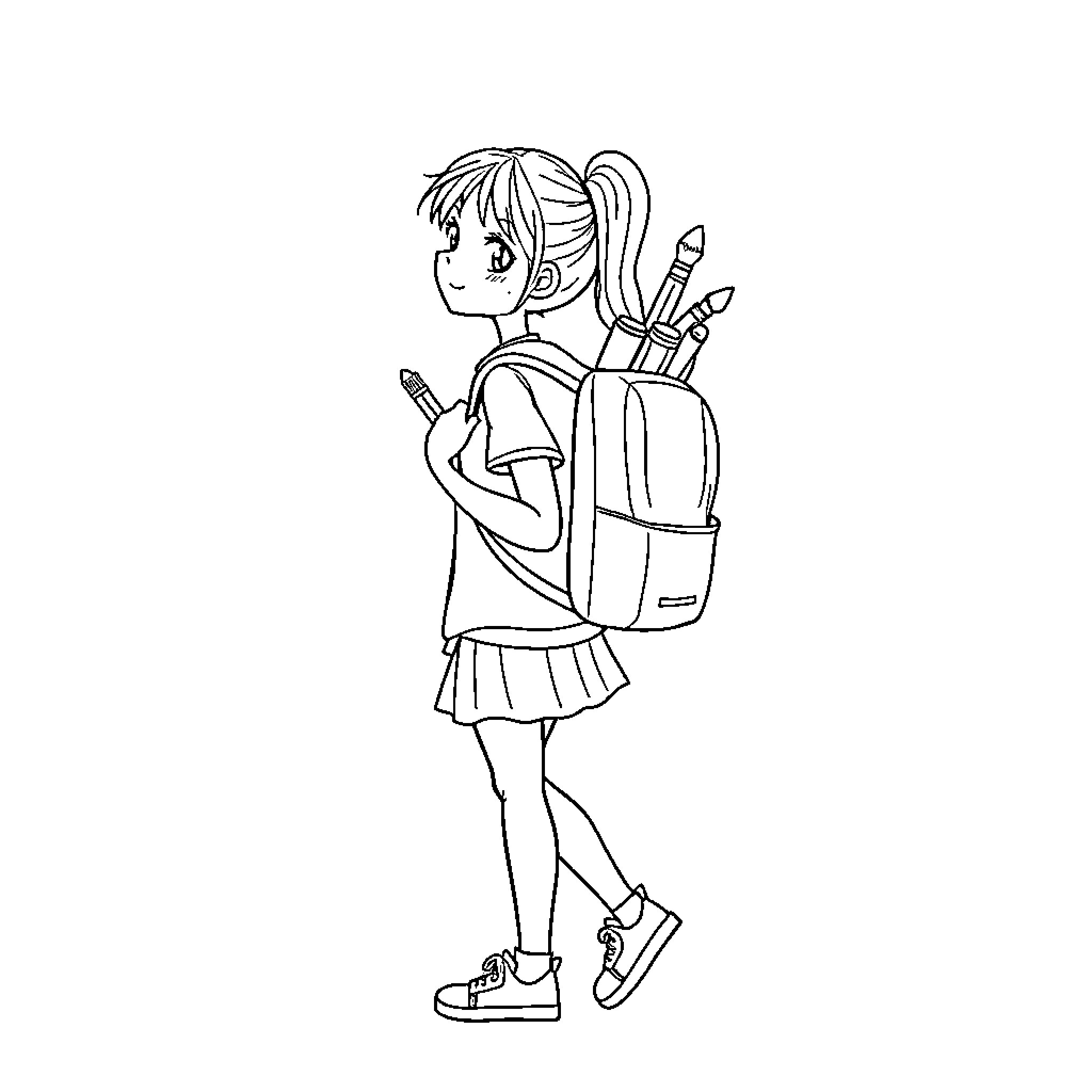 Girl with school backpack and supplies Coloring Page (free black-and-white line drawing printable PDF for all, from beginners to advanced learners, including children, teens, adults, and seniors)