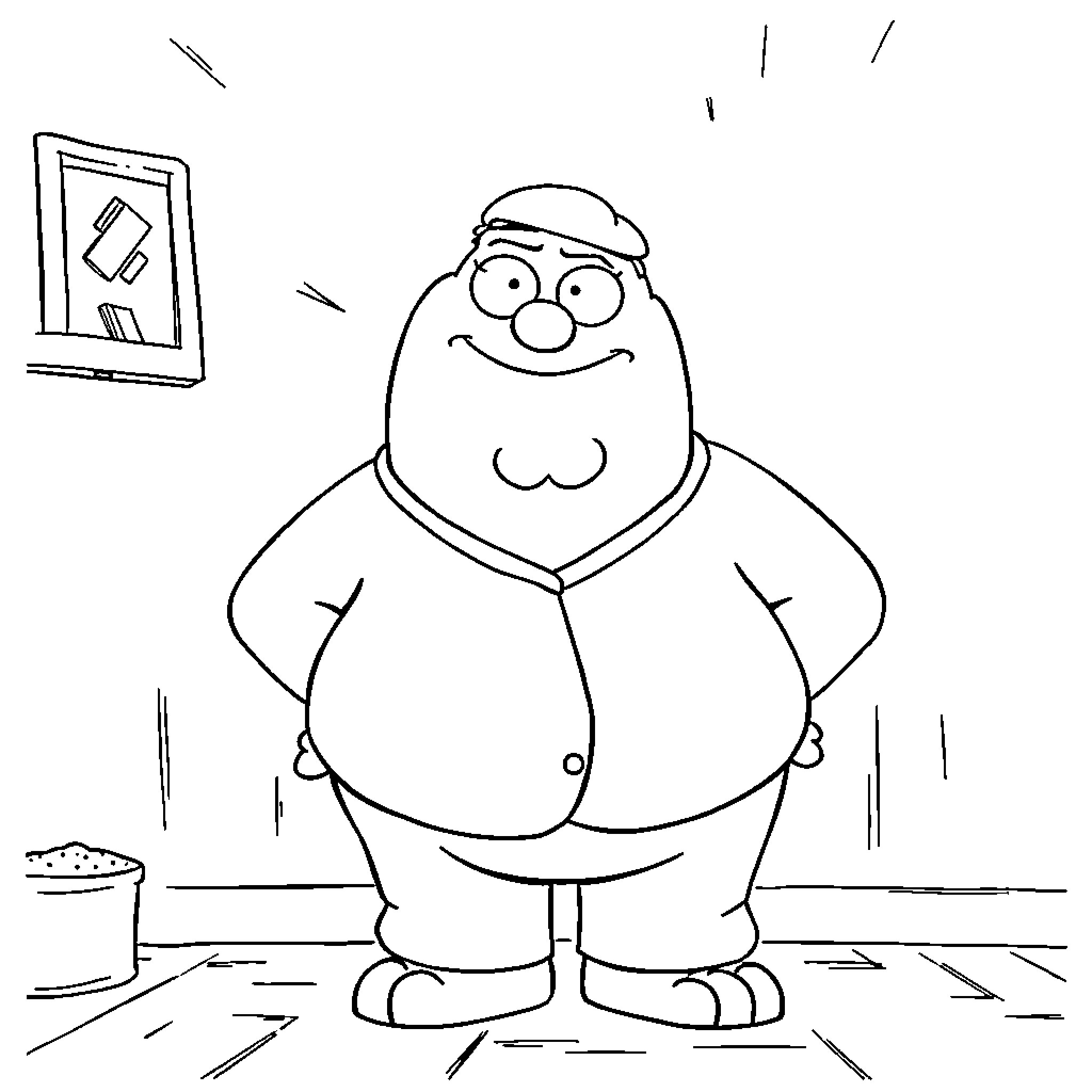 Peter Griffin in casual outfit smiling happily Coloring Page (free black-and-white line drawing printable PDF for all, from beginners to advanced learners, including children, teens, adults, and seniors)