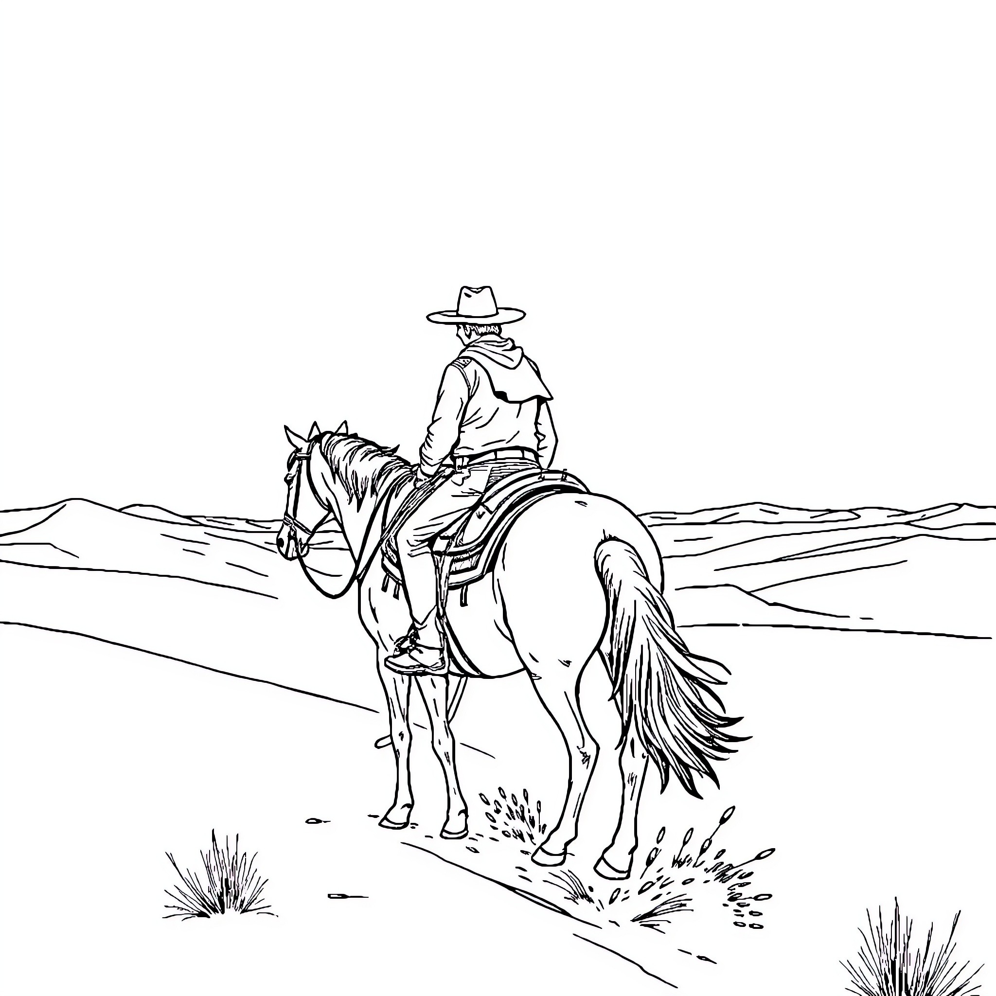 Cowboy riding horse through desert landscape Coloring Page (free black-and-white line drawing printable PDF for all, from beginners to advanced learners, including children, teens, adults, and seniors)