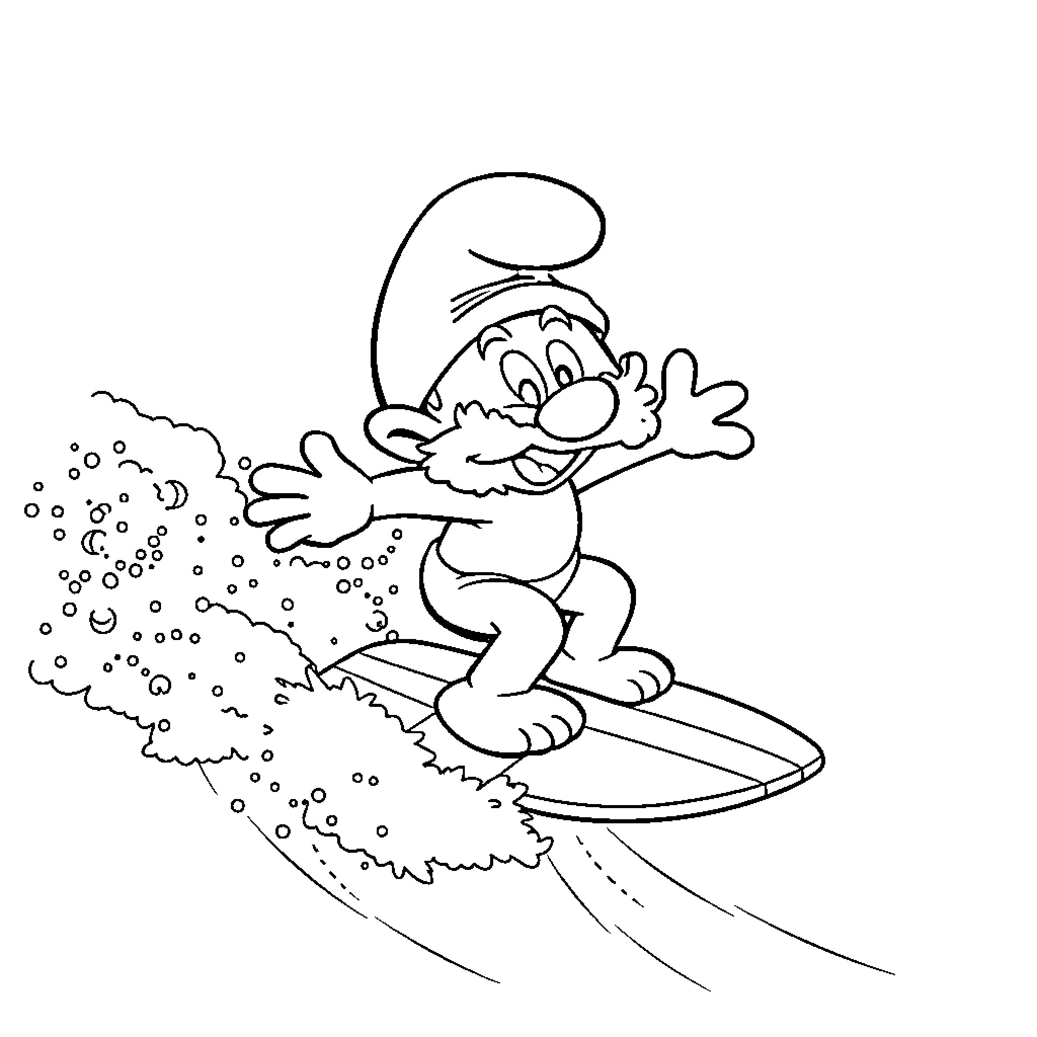 Papa Smurf surfing through the waves Coloring Page (free black-and-white line drawing printable PDF for all, from beginners to advanced learners, including children, teens, adults, and seniors)