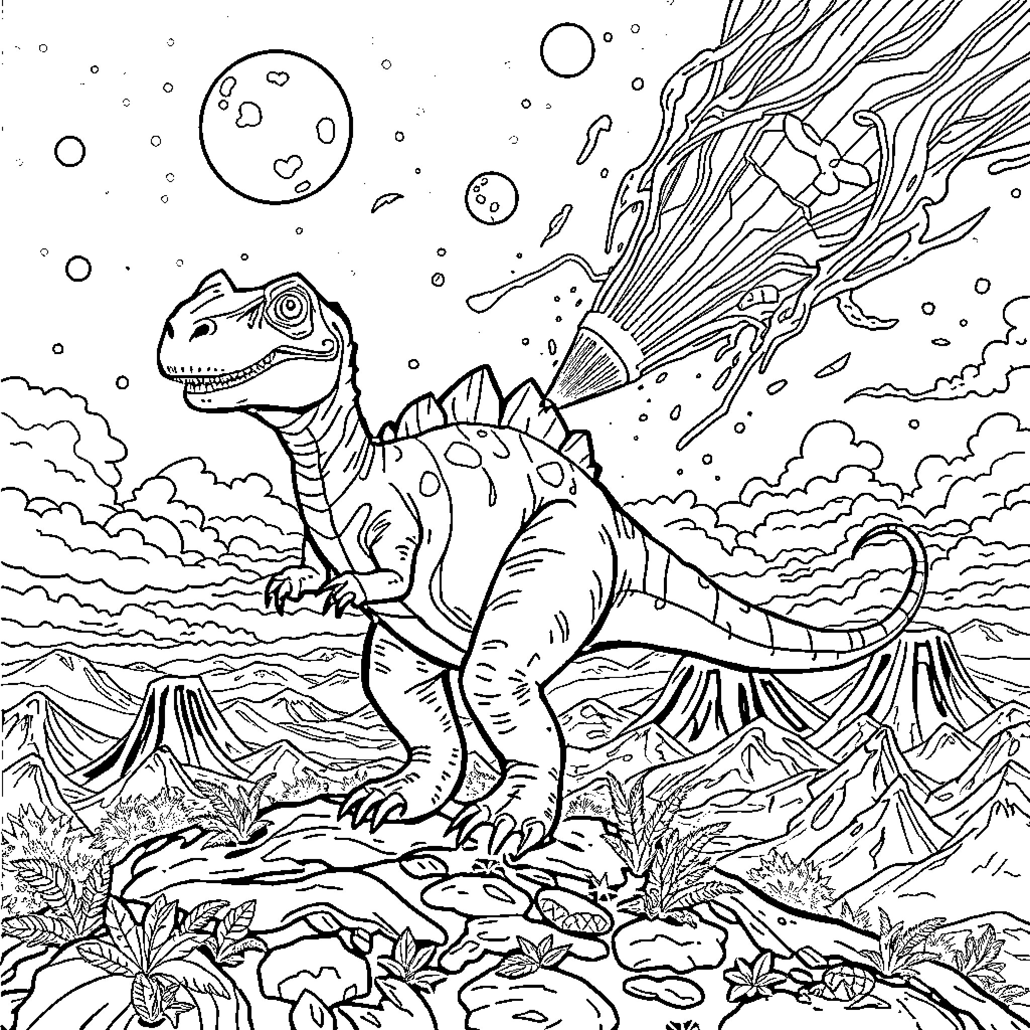 Tyrannosaurus roaring amidst the prehistoric landscape Coloring Page (free black-and-white line drawing printable PDF for all, from beginners to advanced learners, including children, teens, adults, and seniors)