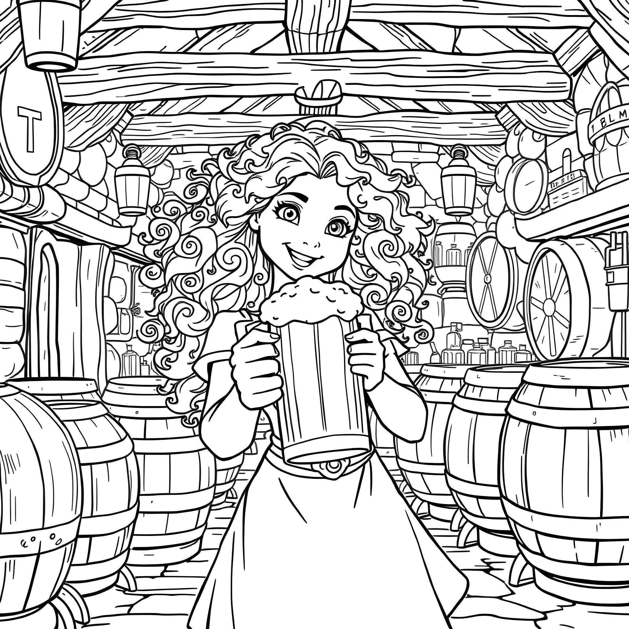 Merida exploring the tavern with a mug of ale Coloring Page (free black-and-white line drawing printable PDF for all, from beginners to advanced learners, including children, teens, adults, and seniors)