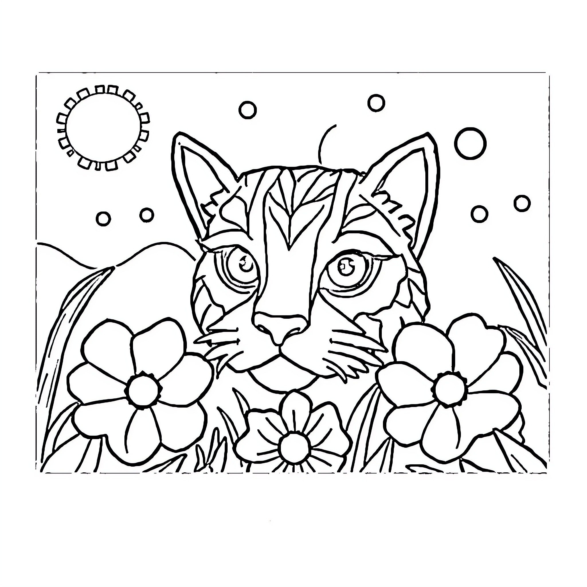 Color By Number Cat Among Flowers Coloring Page (free black-and-white line drawing printable PDF for all, from beginners to advanced learners, including children, teens, adults, and seniors)