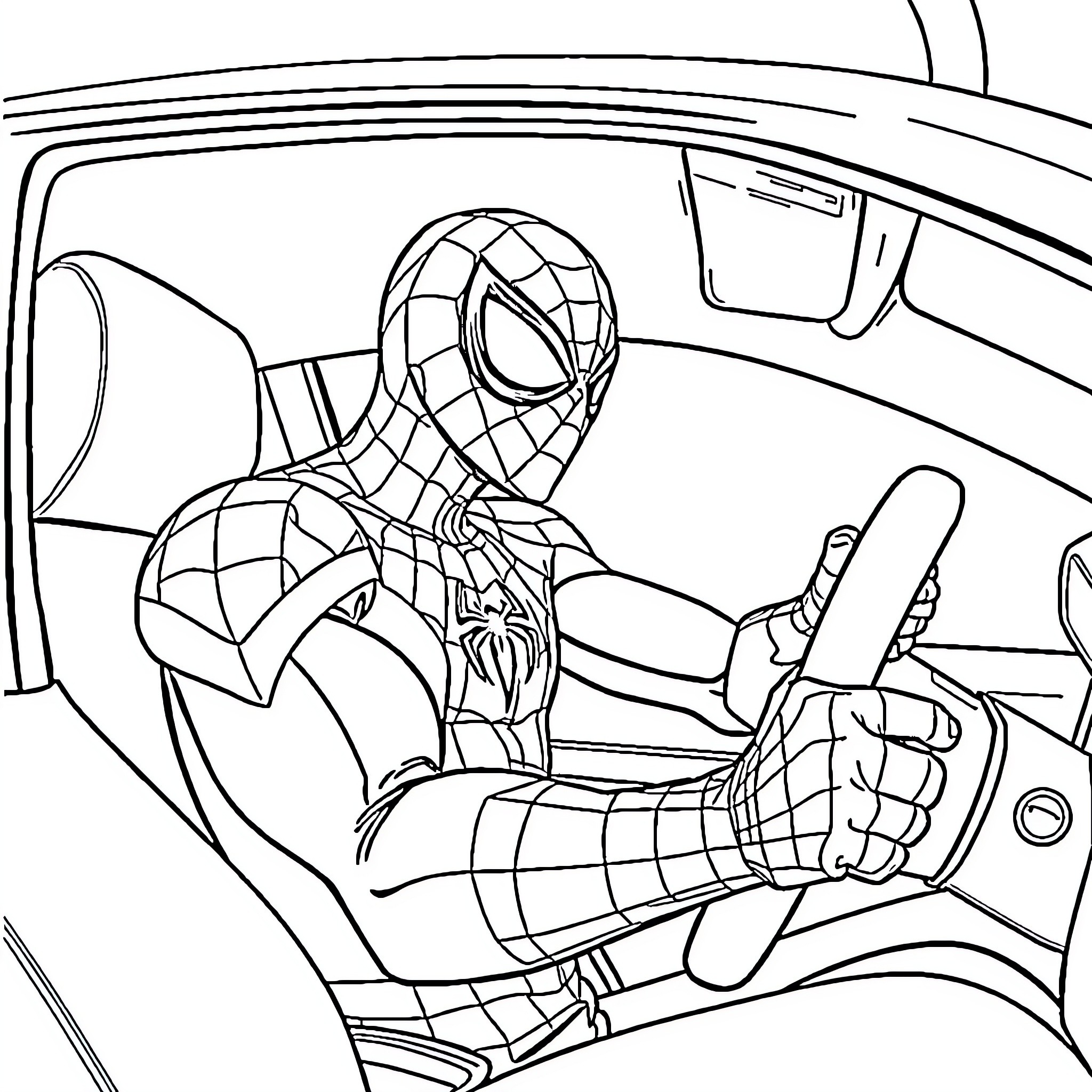 Spider-Man driving a car and waving Coloring Page (free black-and-white line drawing printable PDF for all, from beginners to advanced learners, including children, teens, adults, and seniors)
