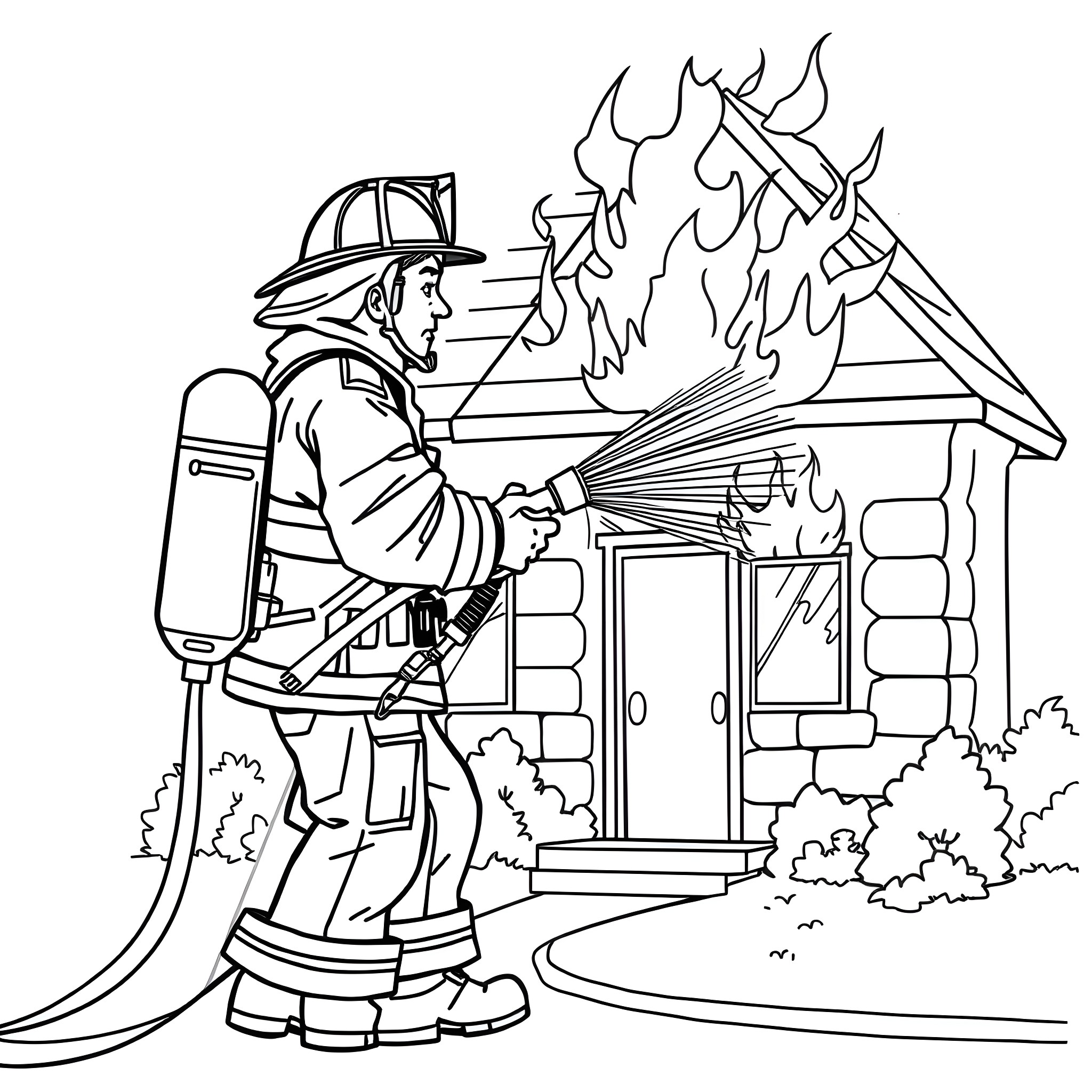 Firefighter battling flames to save a burning cabin Coloring Page (free black-and-white line drawing printable PDF for all, from beginners to advanced learners, including children, teens, adults, and seniors)