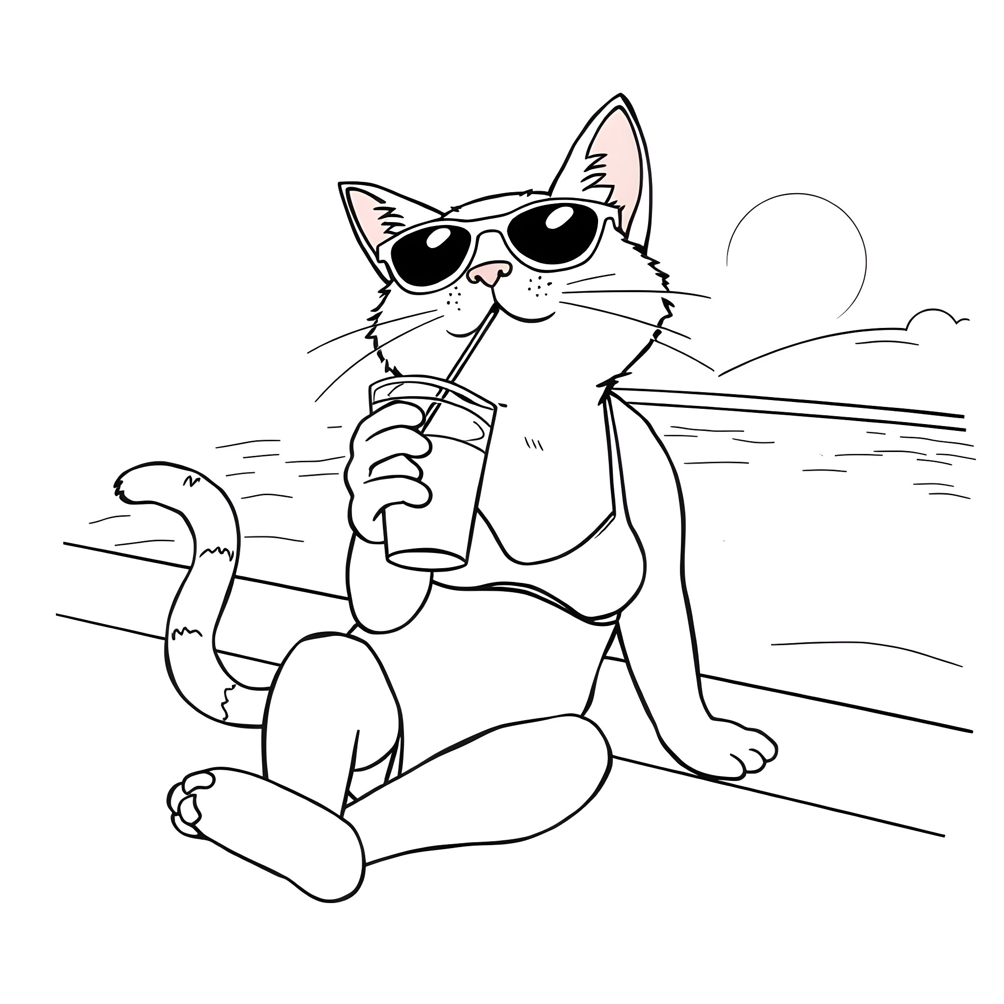 Cat enjoying a cool drink at the beach Coloring Page (free black-and-white line drawing printable PDF for all, from beginners to advanced learners, including children, teens, adults, and seniors)