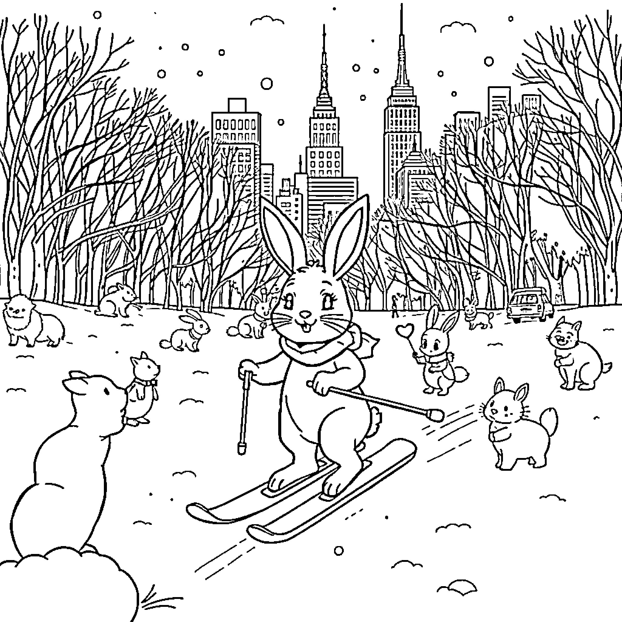Rabbit skiing joyfully with animal friends in winter city Coloring Page (free black-and-white line drawing printable PDF for all, from beginners to advanced learners, including children, teens, adults, and seniors)
