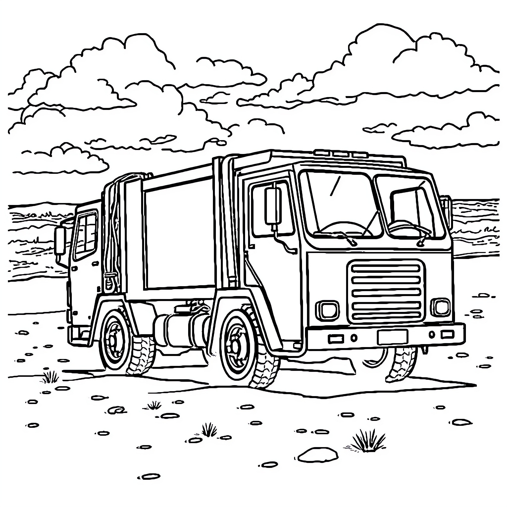 Garbage Truck Collecting Waste in Rural Landscape Coloring Page (free black-and-white line drawing printable PDF for all, from beginners to advanced learners, including children, teens, adults, and seniors)