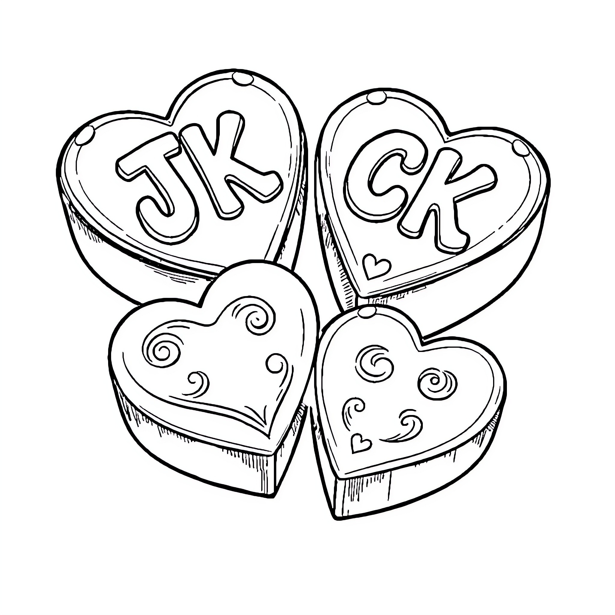 Chocolate heart-shaped treats with decorative designs Coloring Page (free black-and-white line drawing printable PDF for all, from beginners to advanced learners, including children, teens, adults, and seniors)