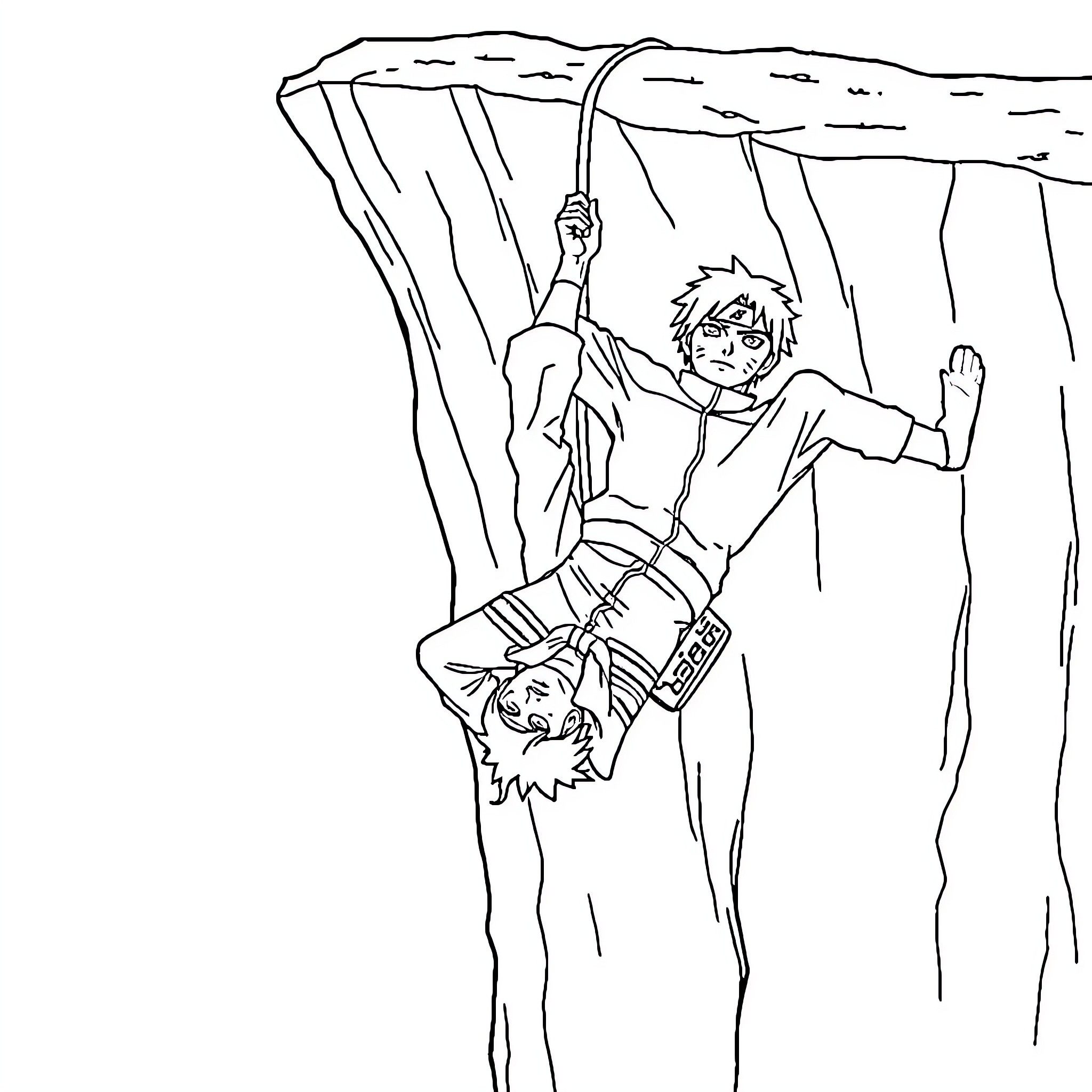 Naruto characters climbing on rocky cliffs Coloring Page (free black-and-white line drawing printable PDF for all, from beginners to advanced learners, including children, teens, adults, and seniors)