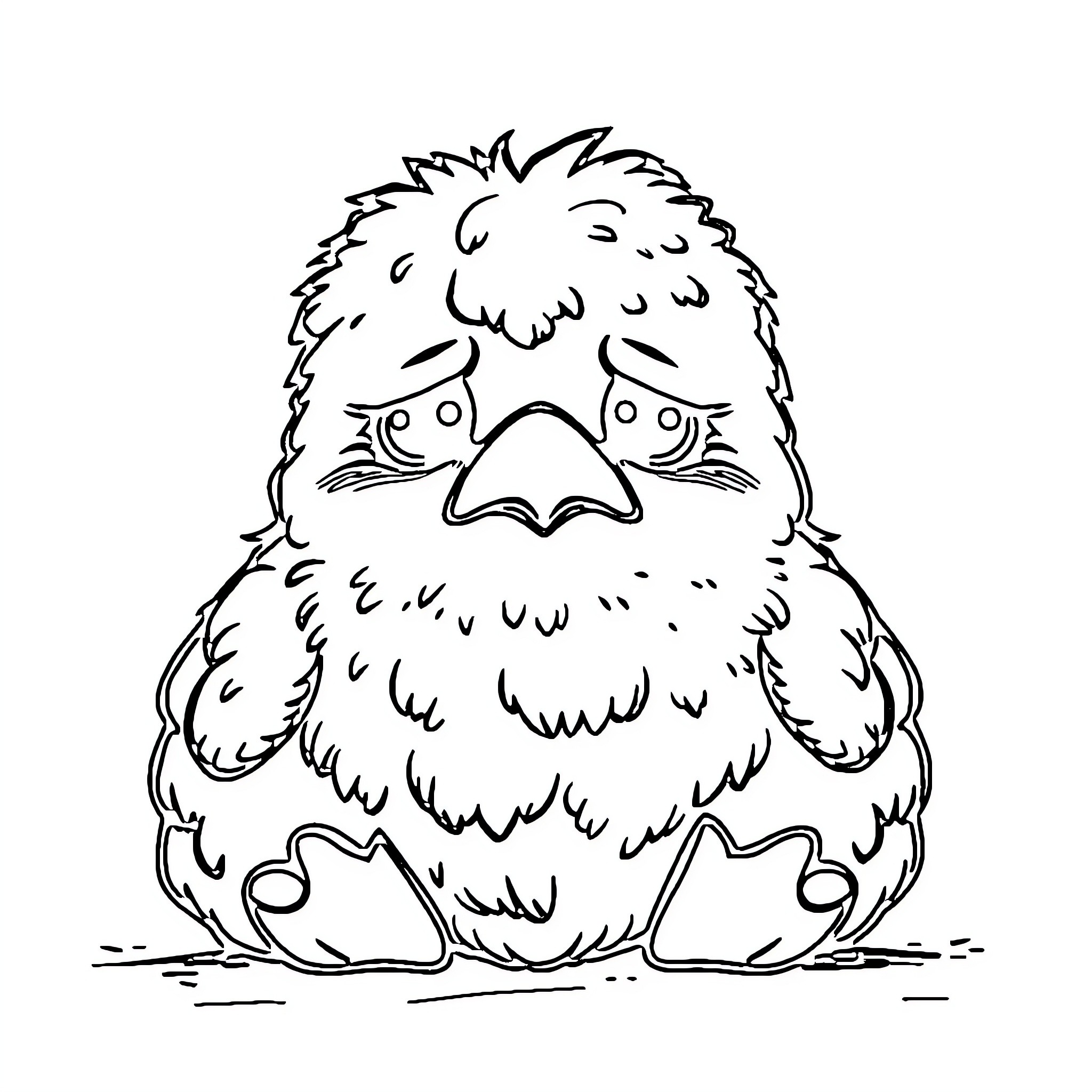 Nuggie the Fluffy Chick Sitting Coloring Page (free black-and-white line drawing printable PDF for all, from beginners to advanced learners, including children, teens, adults, and seniors)