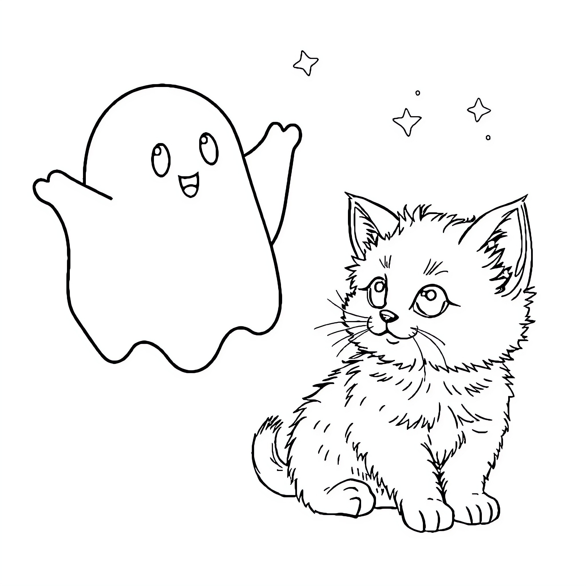 Ghost playing with curious cat under starry night Coloring Page (free black-and-white line drawing printable PDF for all, from beginners to advanced learners, including children, teens, adults, and seniors)