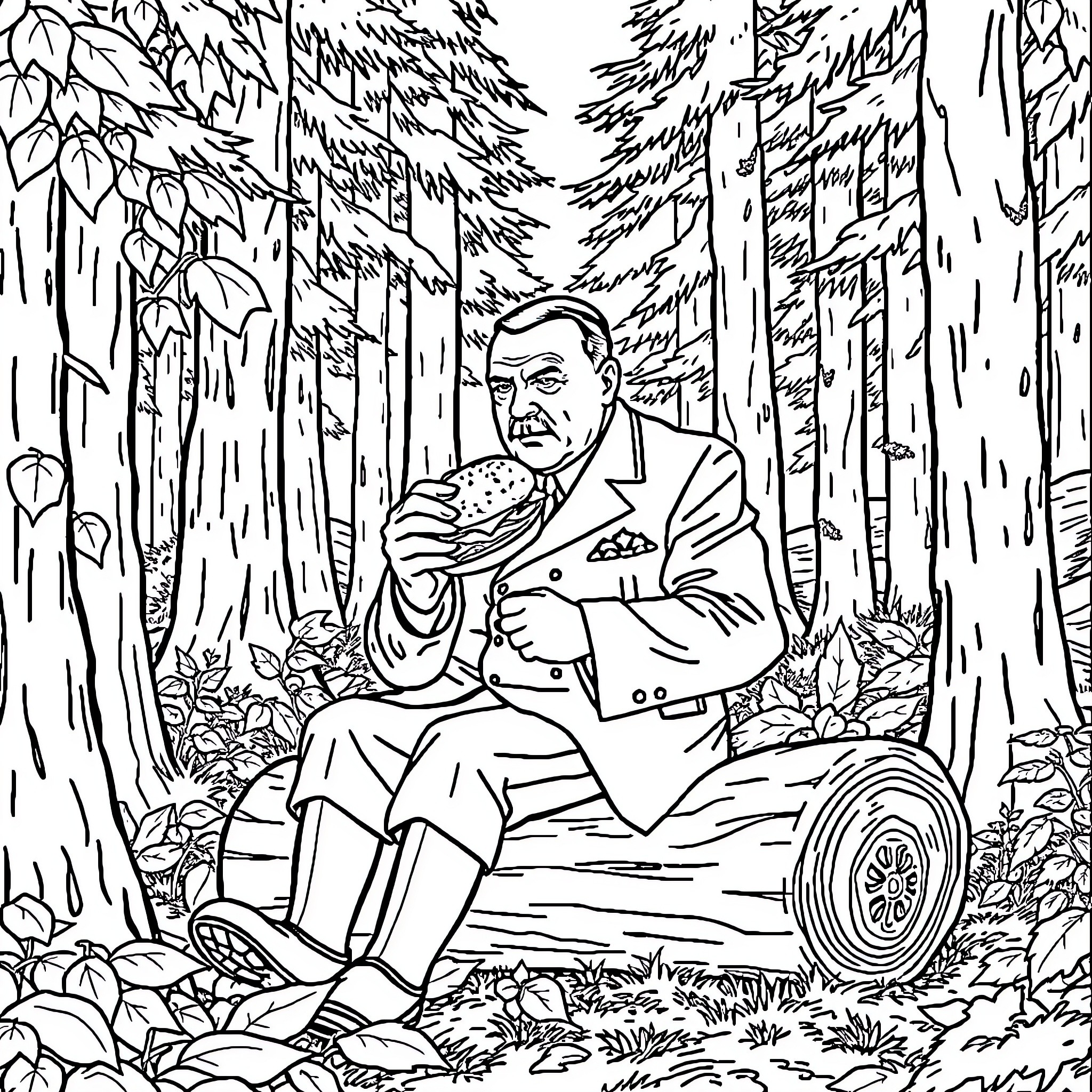 Adolf Hitler enjoying a snack in the forest Coloring Page (free black-and-white line drawing printable PDF for all, from beginners to advanced learners, including children, teens, adults, and seniors)