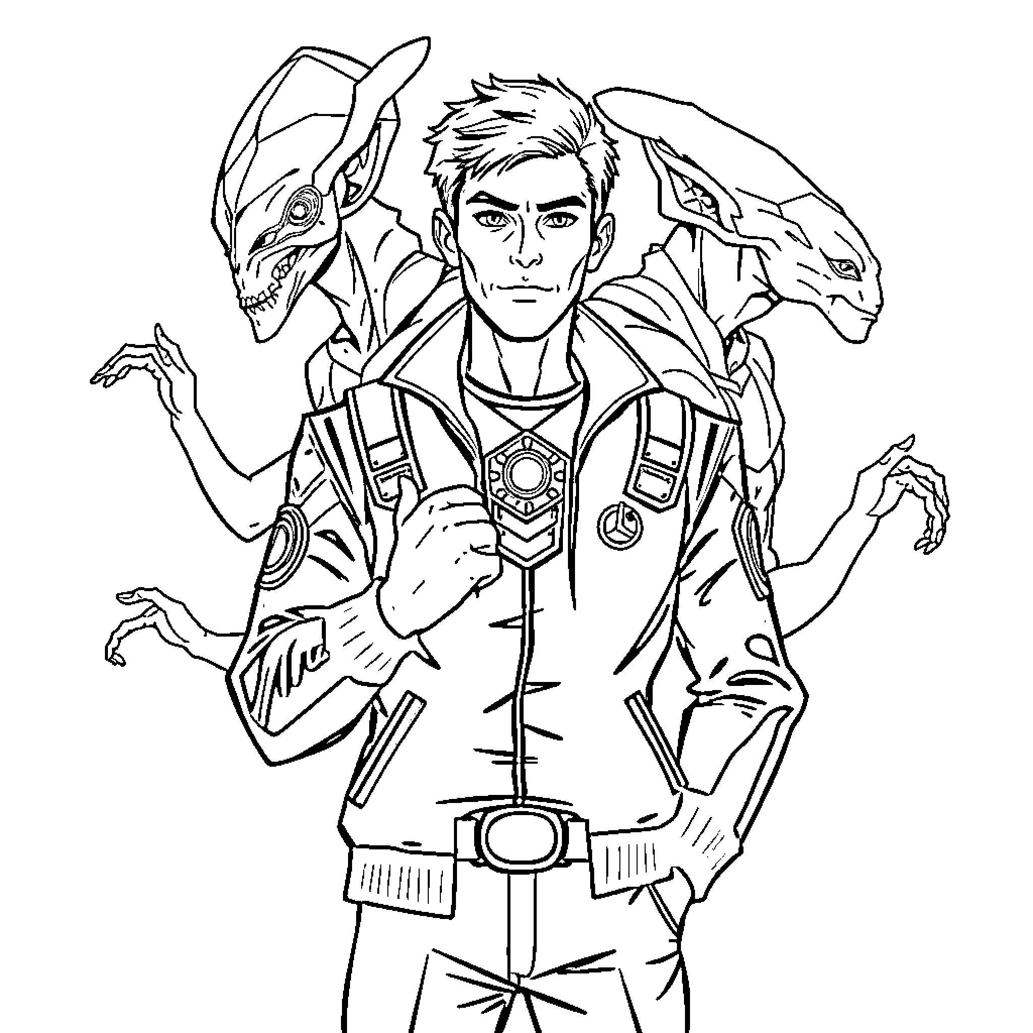 Ben 10 heroic pose with alien transformation Coloring Page (free black-and-white line drawing printable PDF for all, from beginners to advanced learners, including children, teens, adults, and seniors)