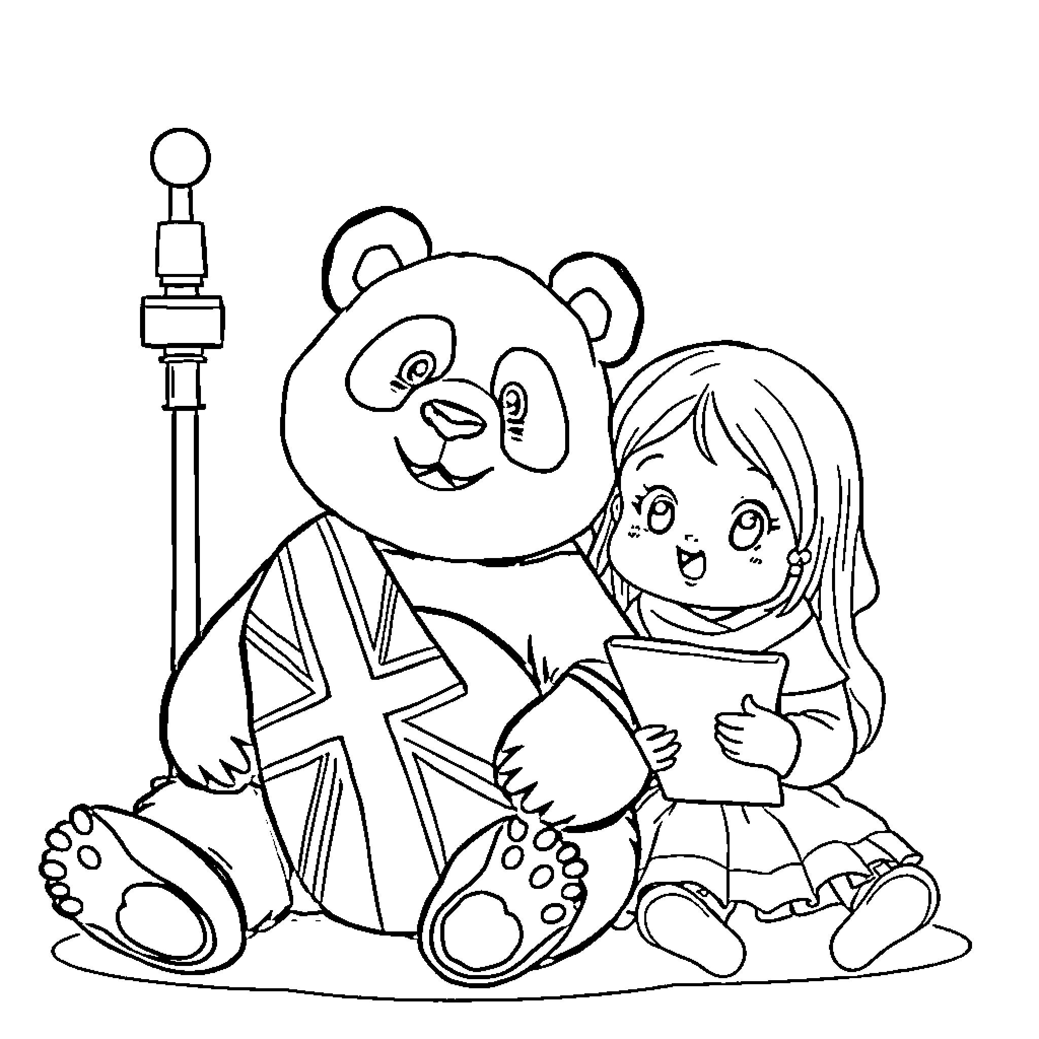 Panda and girl playing happily together Coloring Page (free black-and-white line drawing printable PDF for all, from beginners to advanced learners, including children, teens, adults, and seniors)