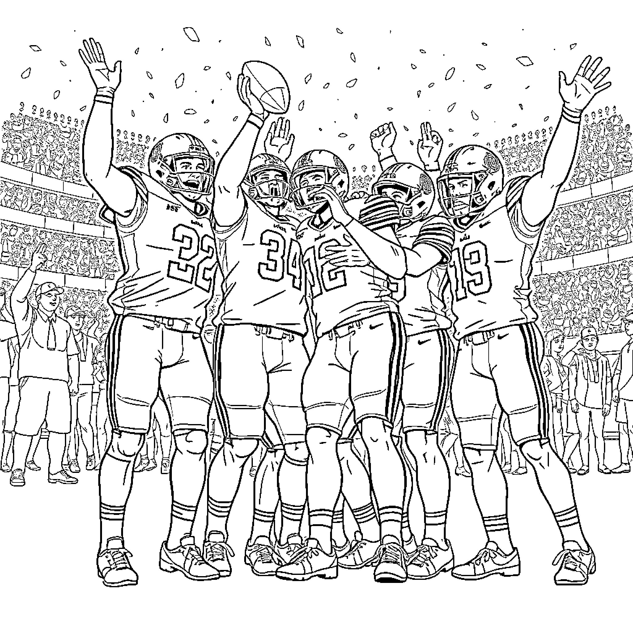 Ohio State Football Players Celebrating Victory on the Field Coloring Page (free black-and-white line drawing printable PDF for all, from beginners to advanced learners, including children, teens, adults, and seniors)