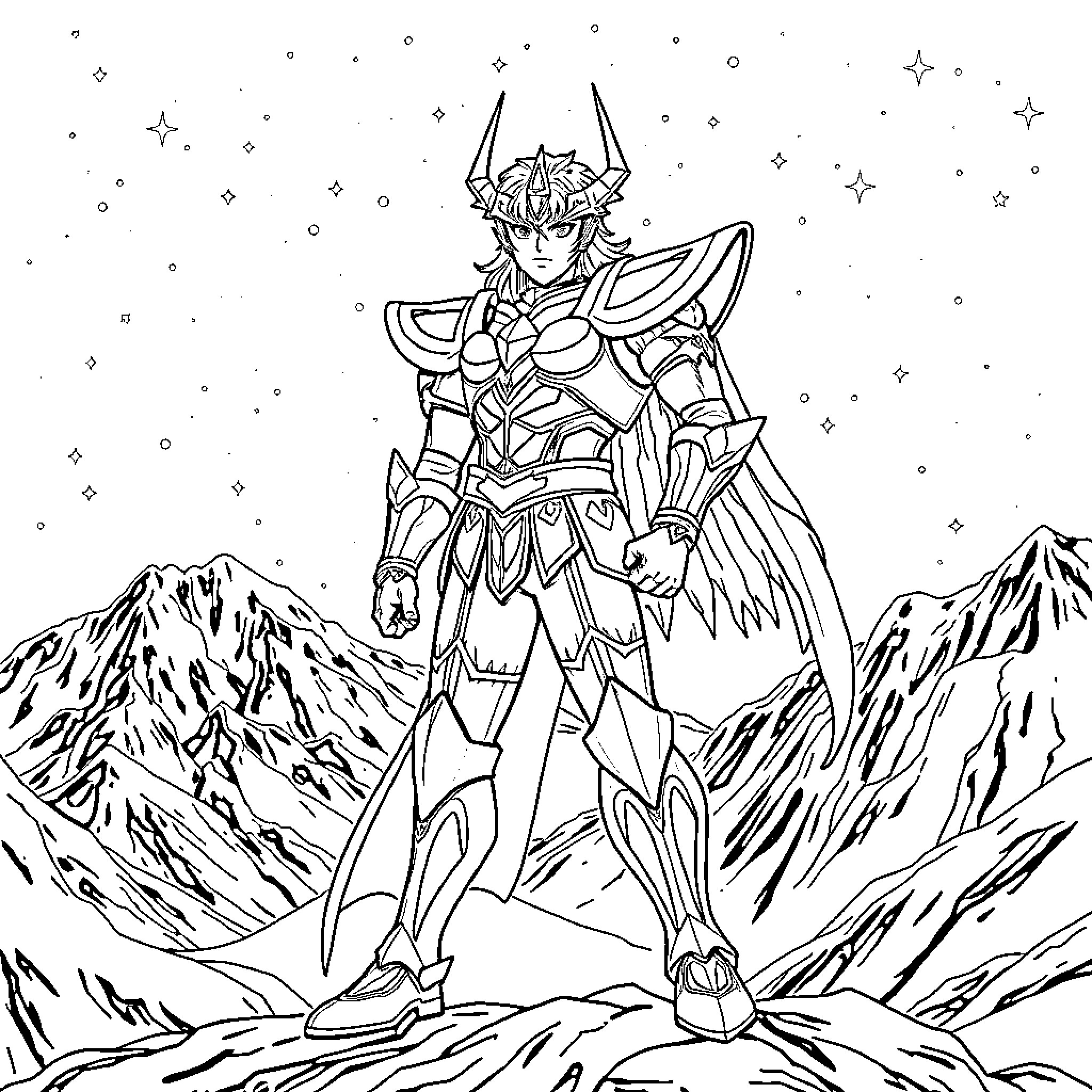 Shura, the Heroic Celestial Warrior Coloring Page (free black-and-white line drawing printable PDF for all, from beginners to advanced learners, including children, teens, adults, and seniors)