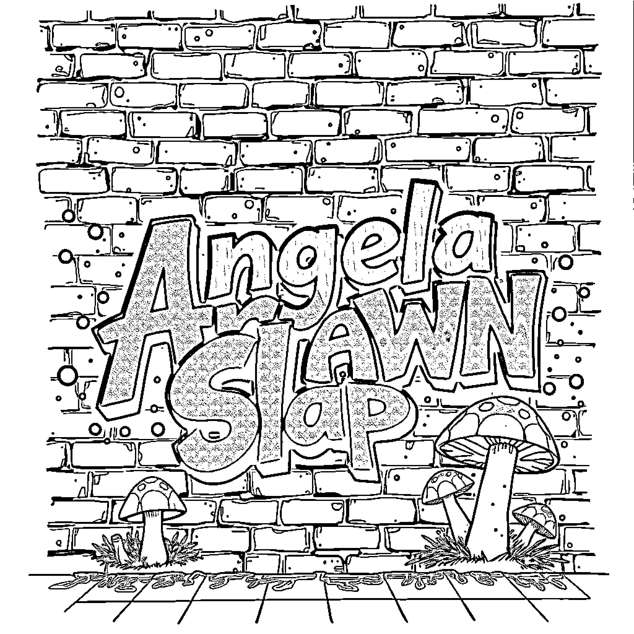 Graffiti with artistic lettering and mushroom motifs Coloring Page (free black-and-white line drawing printable PDF for all, from beginners to advanced learners, including children, teens, adults, and seniors)