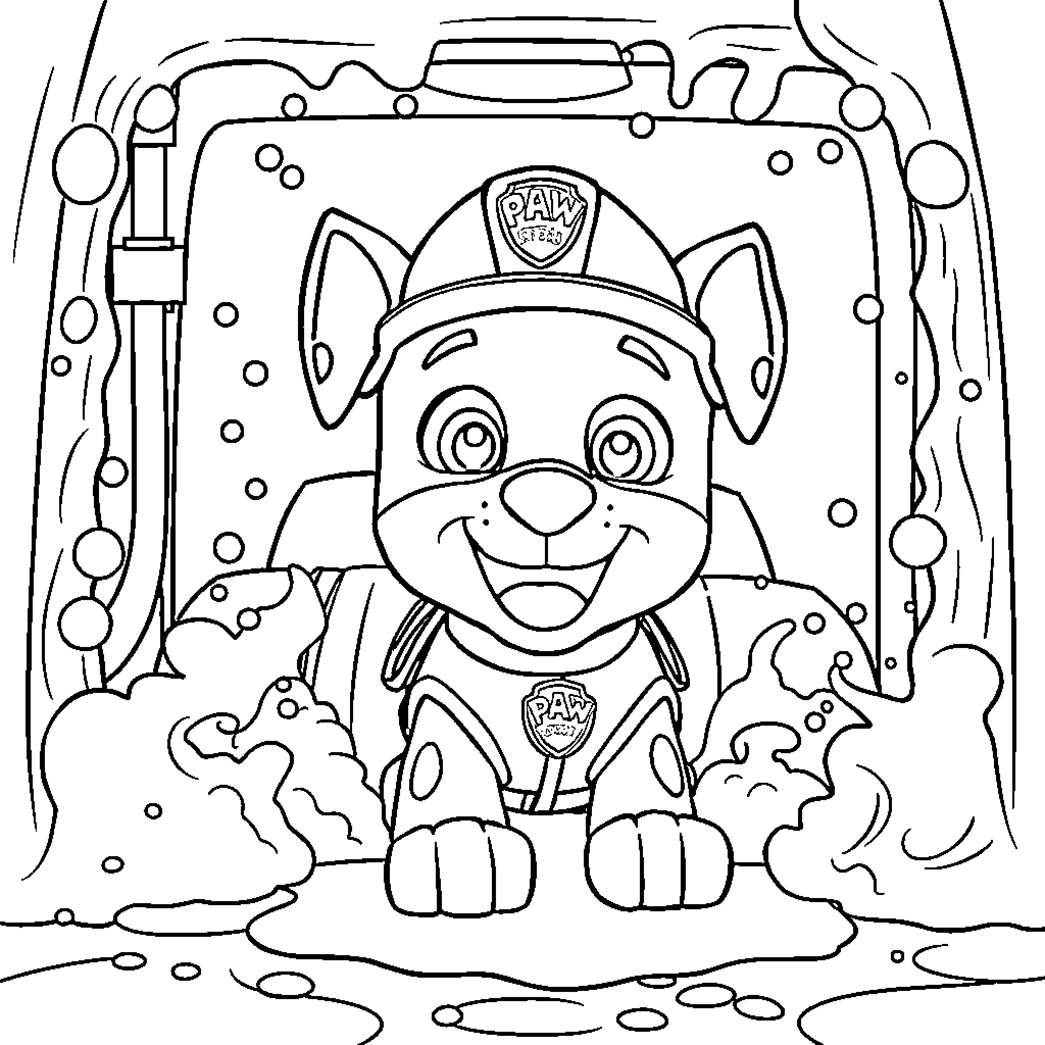 Marshall the Paw Patrol Pup on a Snowy Adventure Coloring Page (free black-and-white line drawing printable PDF for all, from beginners to advanced learners, including children, teens, adults, and seniors)