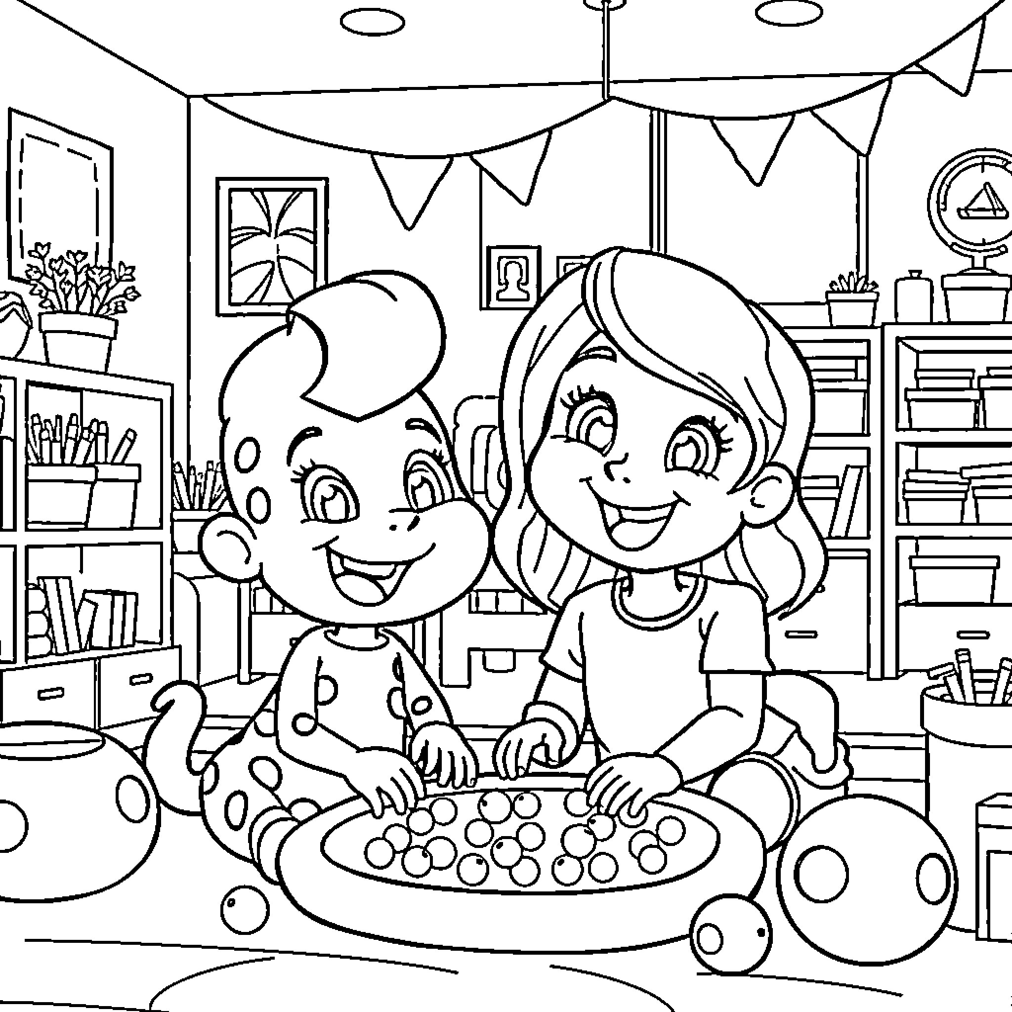 Blippi enjoying arts and crafts with friends in a colorful classroom Coloring Page (free black-and-white line drawing printable PDF for all, from beginners to advanced learners, including children, teens, adults, and seniors)