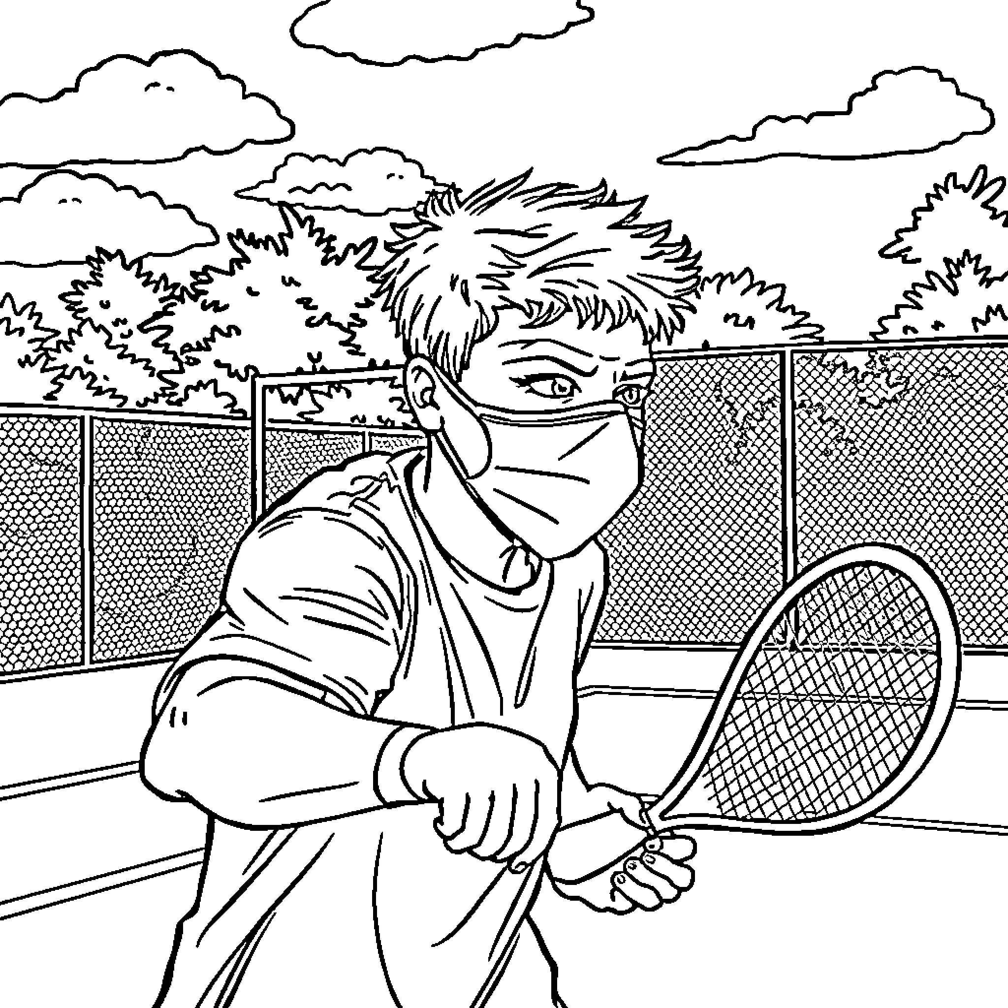 Mask-wearing person playing tennis on the court Coloring Page (free black-and-white line drawing printable PDF for all, from beginners to advanced learners, including children, teens, adults, and seniors)