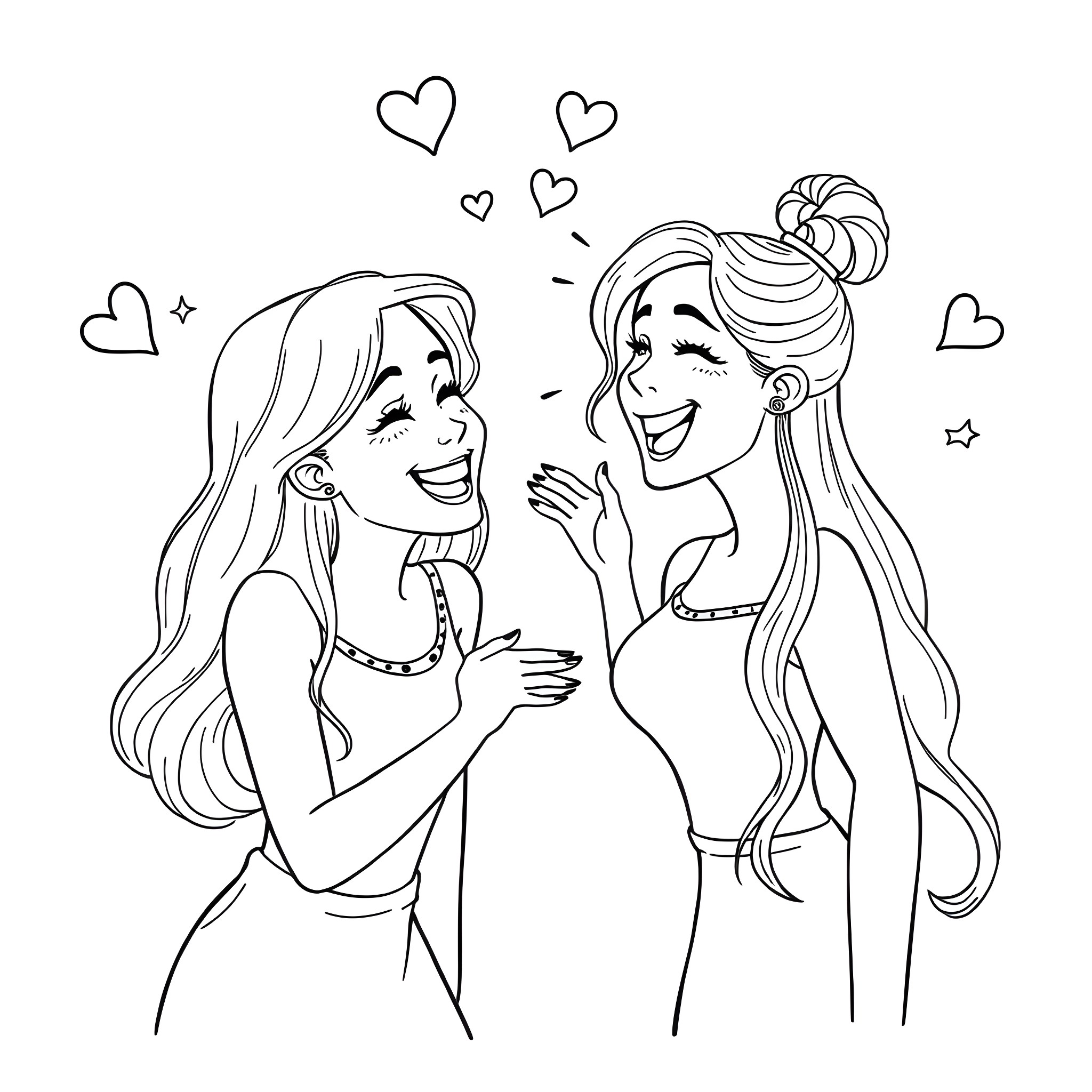 Leana Loving: Two friends sharing a joyful moment Coloring Page (free black-and-white line drawing printable PDF for all, from beginners to advanced learners, including children, teens, adults, and seniors)