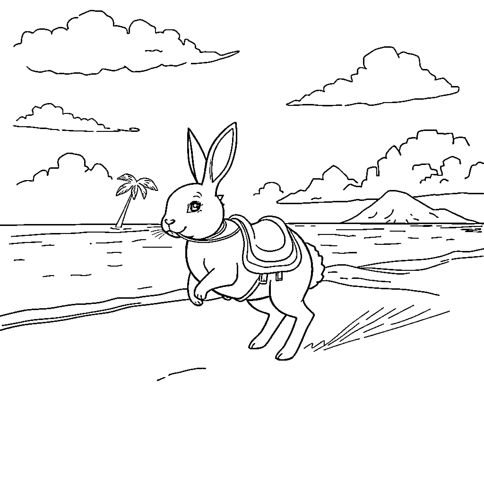 Rabbit exploring tropical beach scene Coloring Page (free black-and-white line drawing printable PDF for all, from beginners to advanced learners, including children, teens, adults, and seniors)