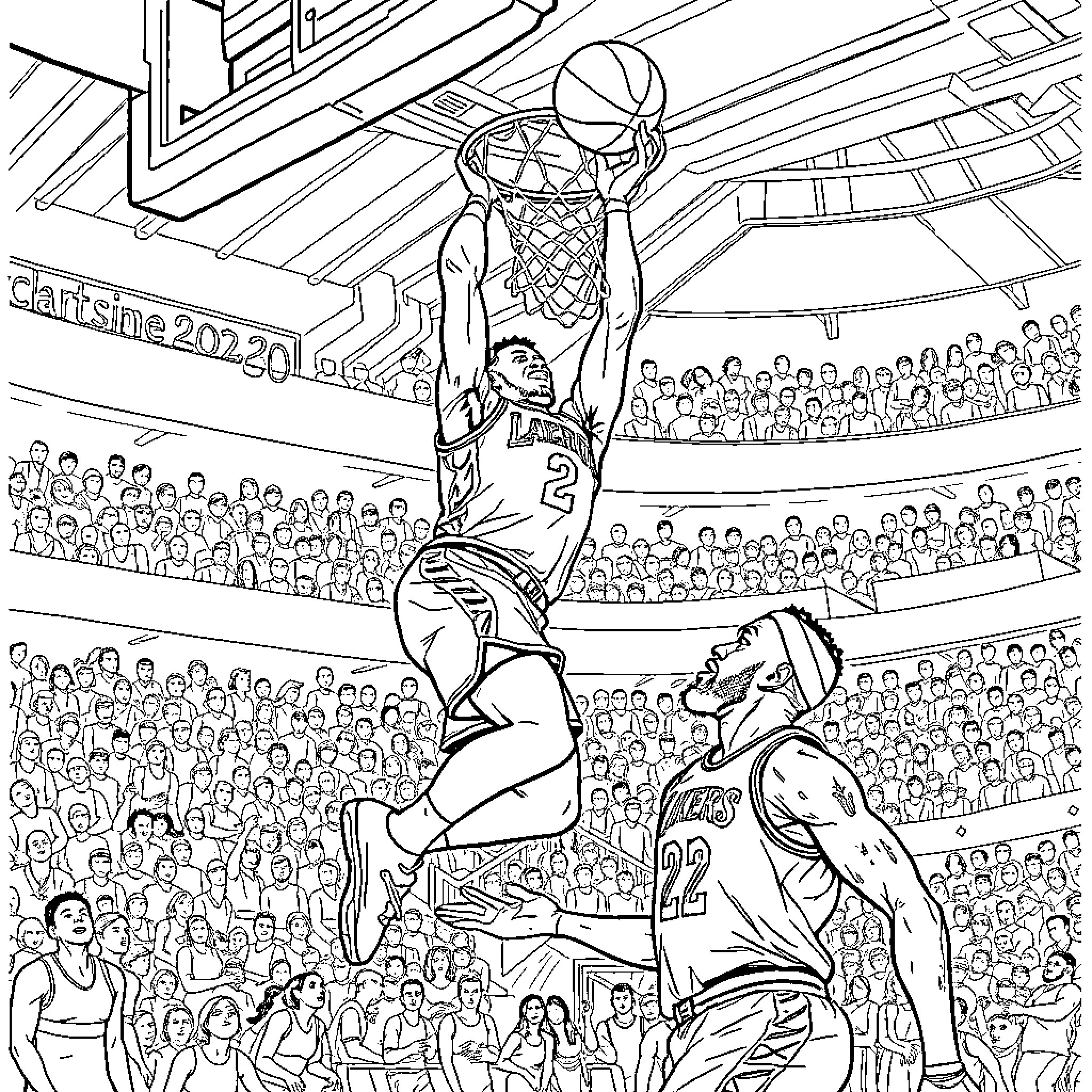Ja Morant soaring for a spectacular dunk in basketball arena Coloring Page (free black-and-white line drawing printable PDF for all, from beginners to advanced learners, including children, teens, adults, and seniors)