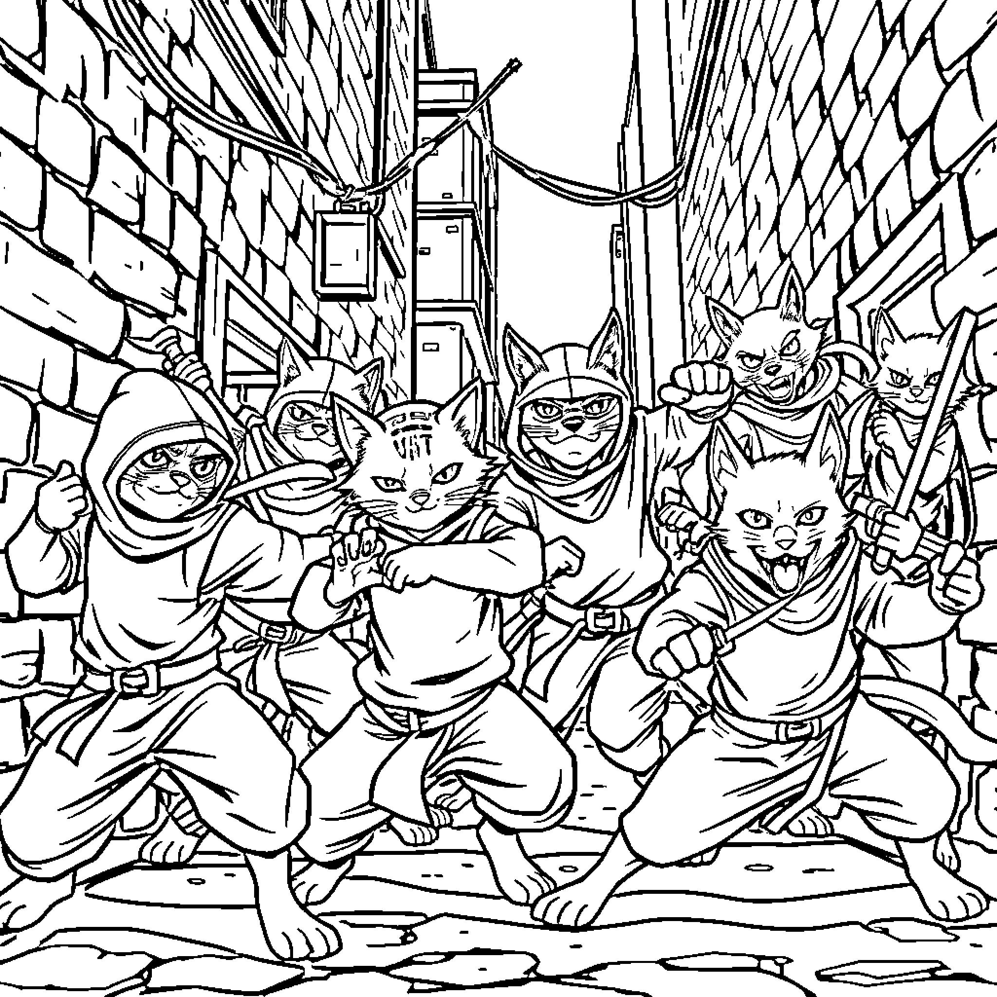 Cats in Ninja Outfits Patrolling the City Streets Coloring Page (free black-and-white line drawing printable PDF for all, from beginners to advanced learners, including children, teens, adults, and seniors)