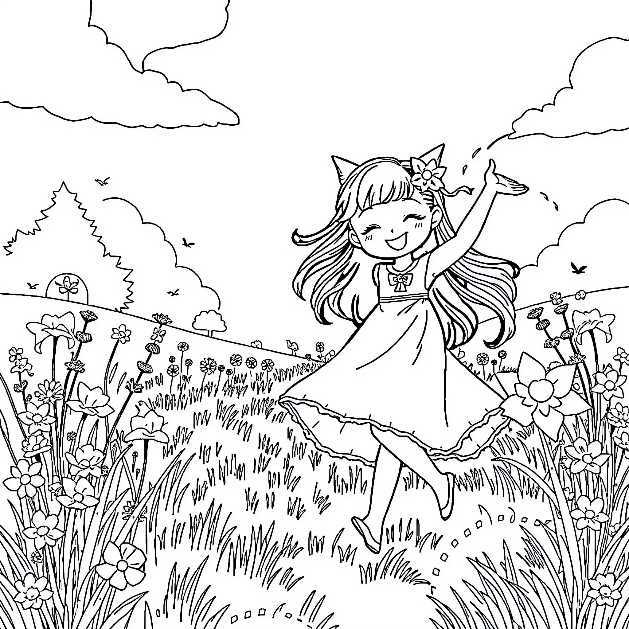 Kuromi frolicking happily in the meadow Coloring Page (free black-and-white line drawing printable PDF for all, from beginners to advanced learners, including children, teens, adults, and seniors)
