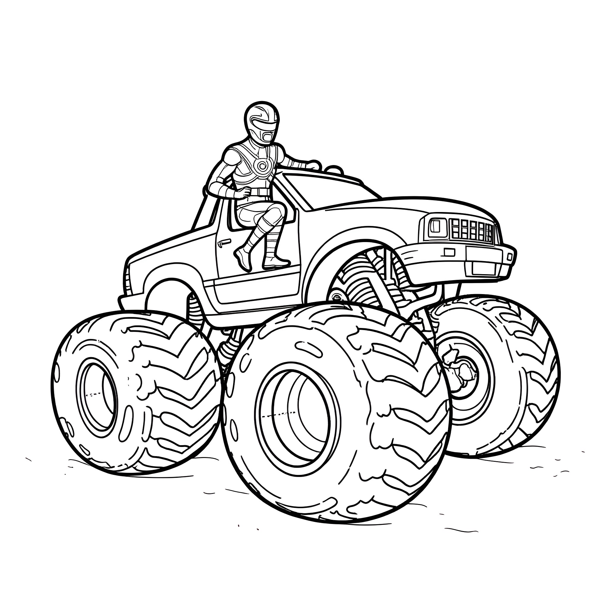Power Ranger Drives Massive Monster Truck Coloring Page (free black-and-white line drawing printable PDF for all, from beginners to advanced learners, including children, teens, adults, and seniors)