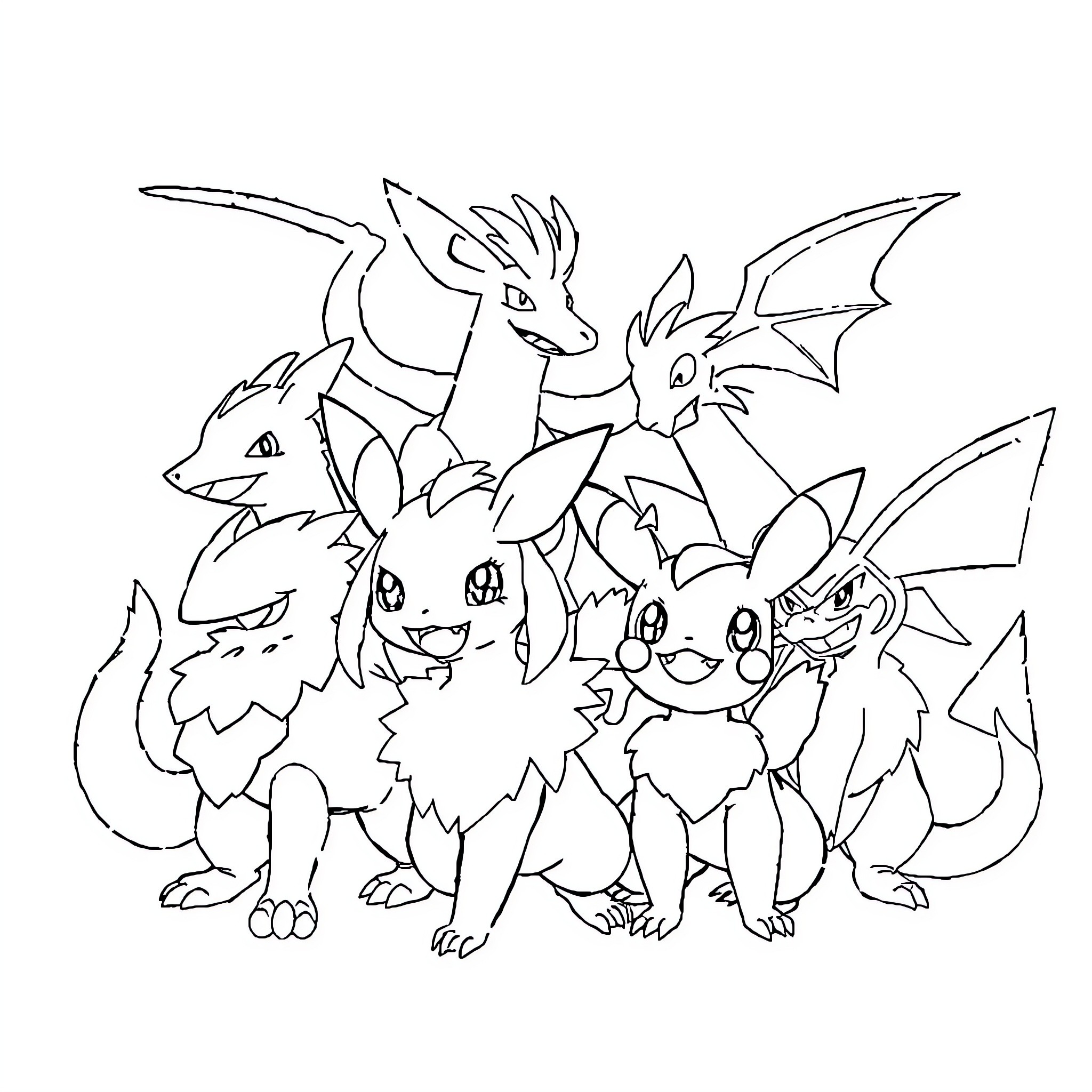 Pokémon characters in energetic poses Coloring Page (free black-and-white line drawing printable PDF for all, from beginners to advanced learners, including children, teens, adults, and seniors)