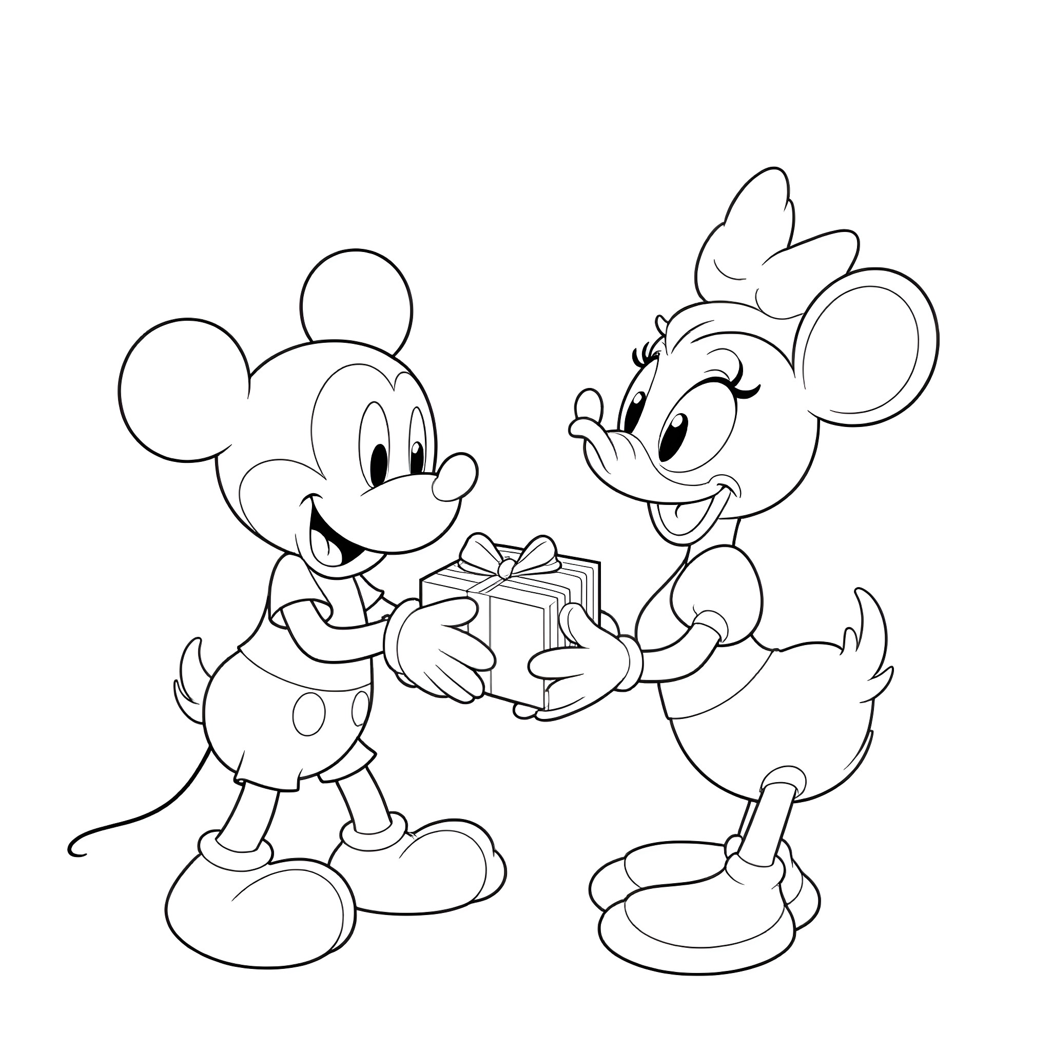 Mickey Mouse and Minnie Mouse exchanging a gift Coloring Page (free black-and-white line drawing printable PDF for all, from beginners to advanced learners, including children, teens, adults, and seniors)