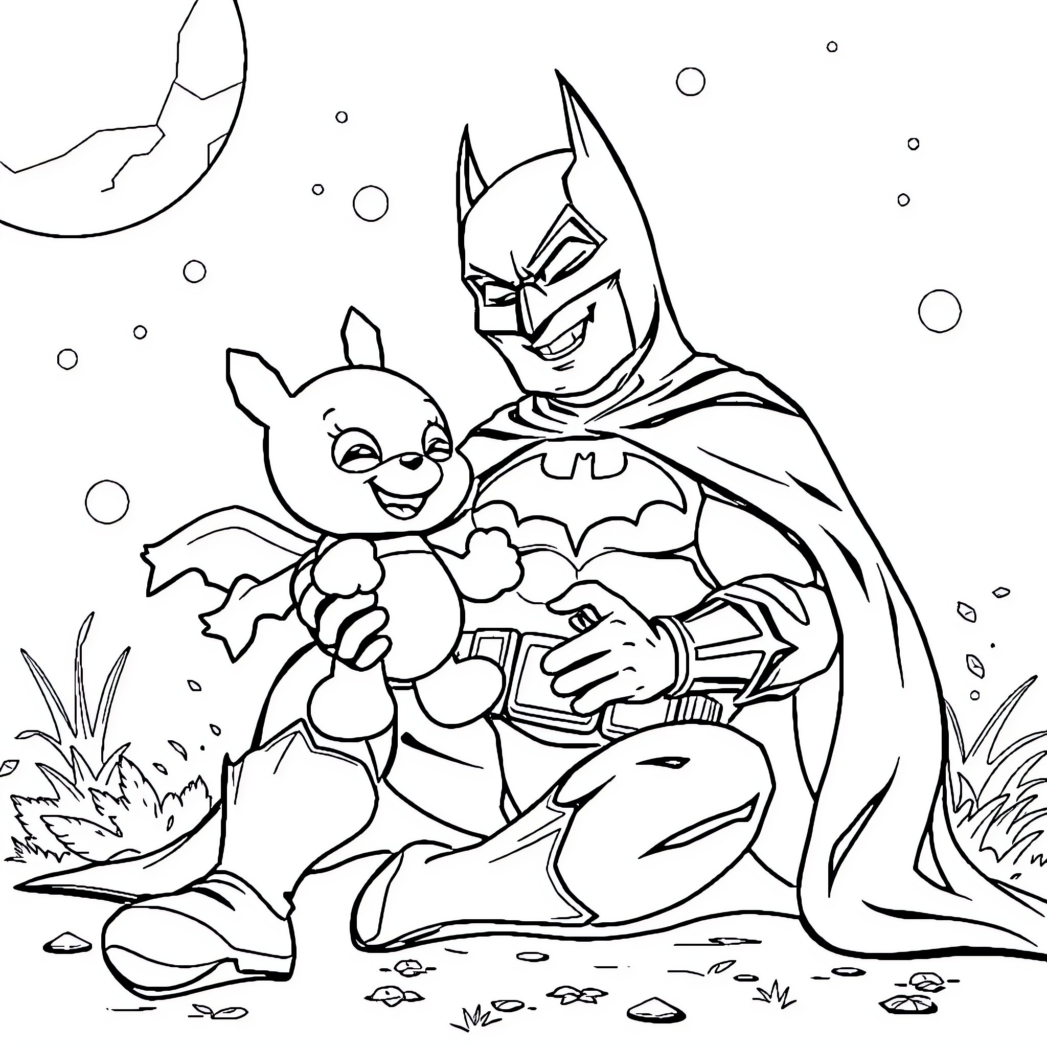 Batman in an action-packed outdoor scene Coloring Page (free black-and-white line drawing printable PDF for all, from beginners to advanced learners, including children, teens, adults, and seniors)