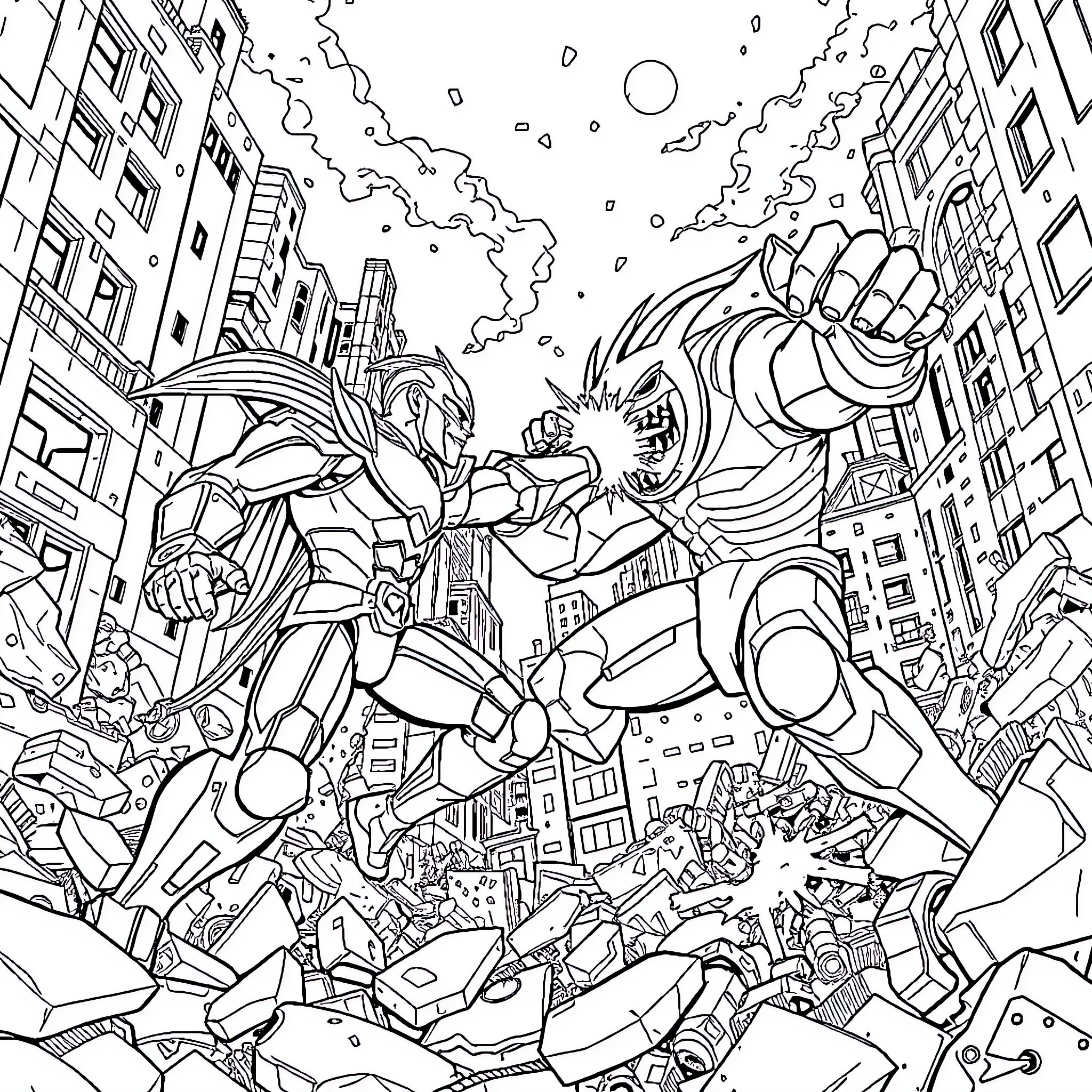 Omni Man's Heroic Clash in the Cityscape Coloring Page (free black-and-white line drawing printable PDF for all, from beginners to advanced learners, including children, teens, adults, and seniors)
