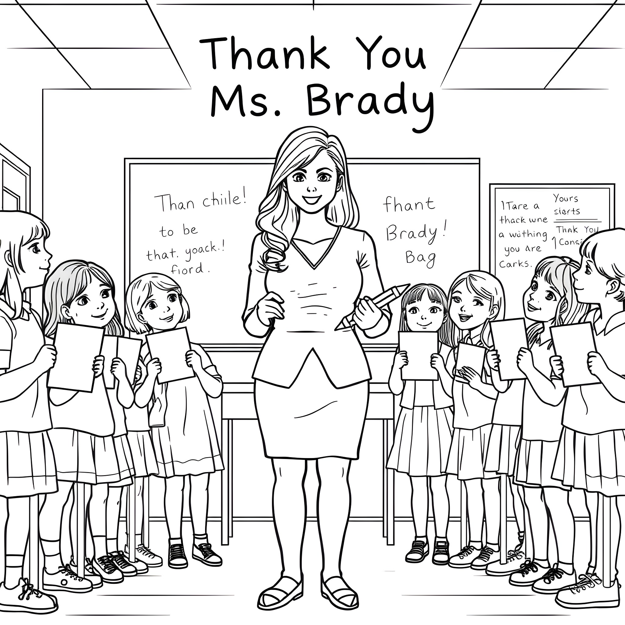 Teacher Thanking Students for Their Hard Work Coloring Page (free black-and-white line drawing printable PDF for all, from beginners to advanced learners, including children, teens, adults, and seniors)
