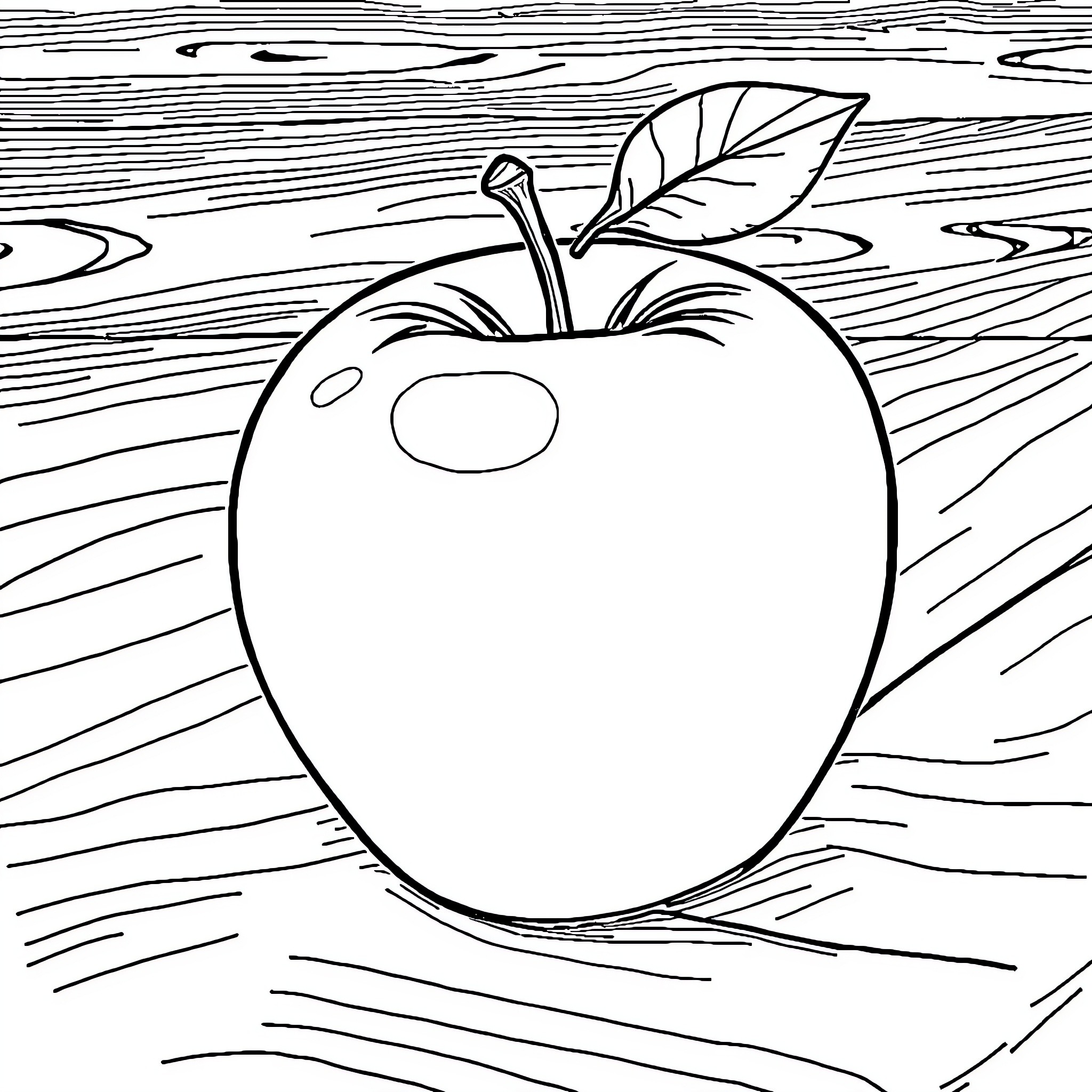 Apple on a Wooden Surface Coloring Page (free black-and-white line drawing printable PDF for all, from beginners to advanced learners, including children, teens, adults, and seniors)