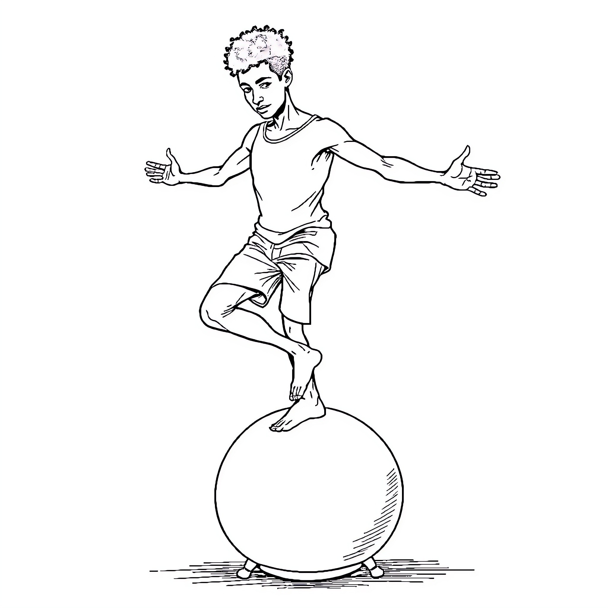 Man balancing on a spherical object Coloring Page (free black-and-white line drawing printable PDF for all, from beginners to advanced learners, including children, teens, adults, and seniors)