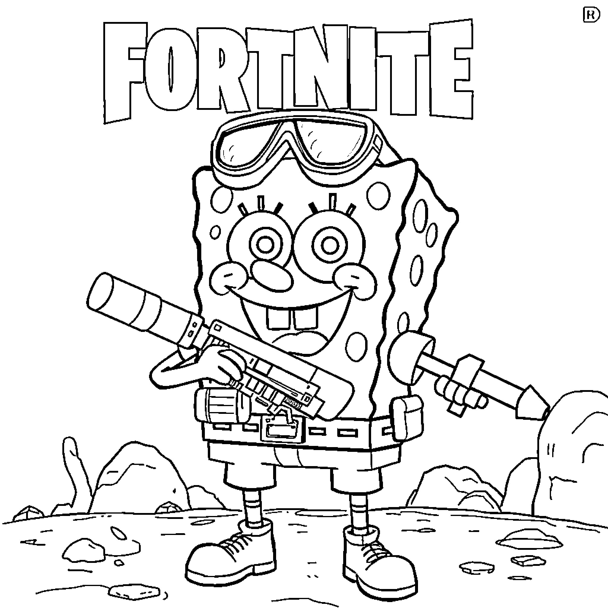 Spongebob in Fortnite gear with weapon Coloring Page (free black-and-white line drawing printable PDF for all, from beginners to advanced learners, including children, teens, adults, and seniors)