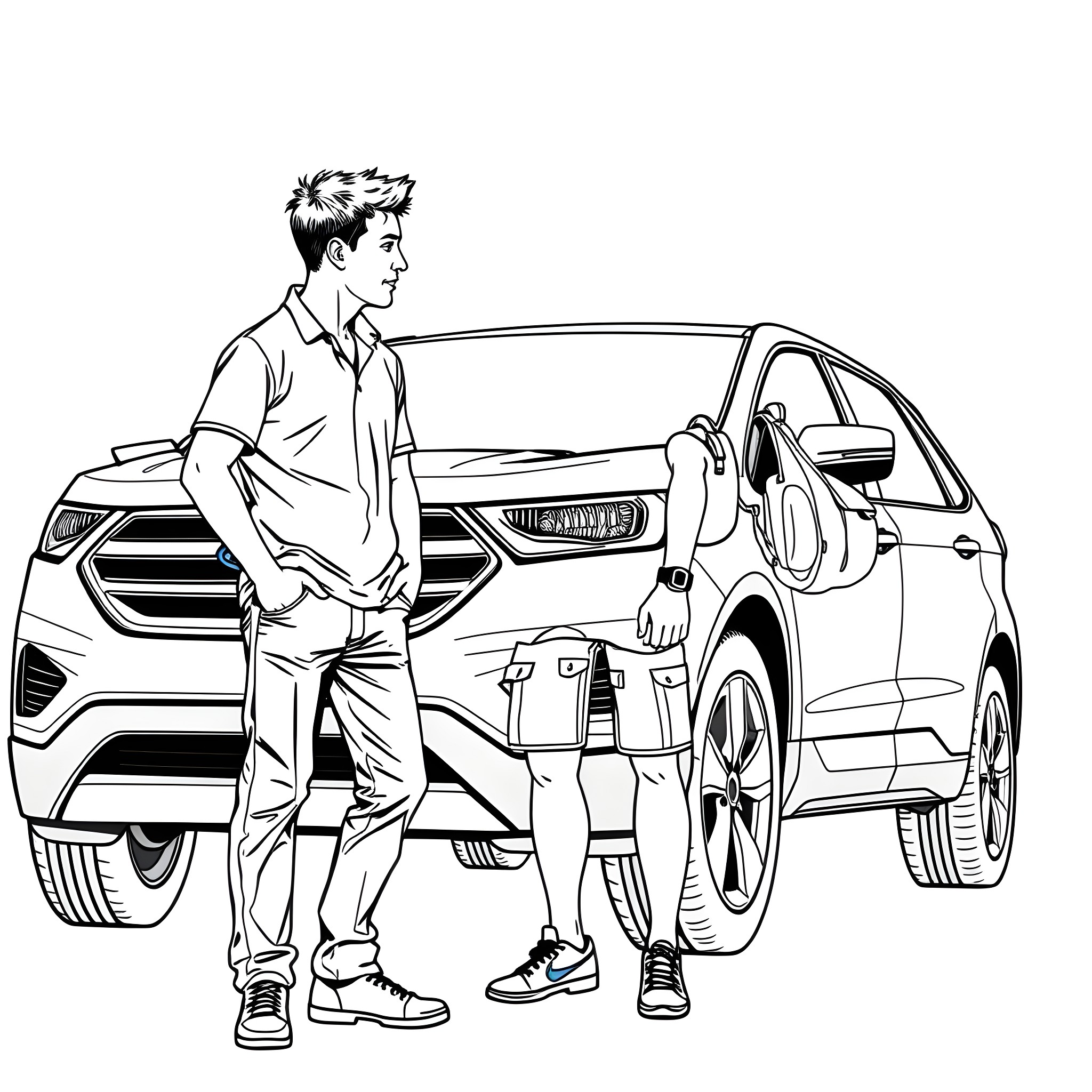 Teen Guy Checking Car Tire Coloring Page (free black-and-white line drawing printable PDF for all, from beginners to advanced learners, including children, teens, adults, and seniors)