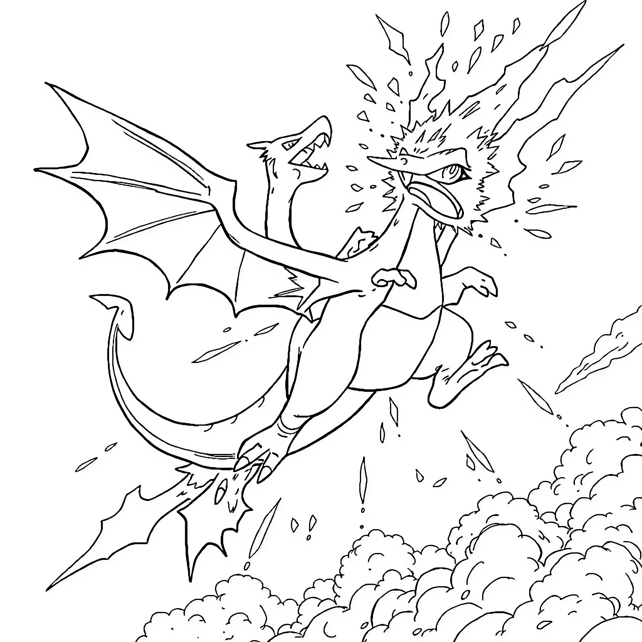 Ectoplasma: Dragon Soaring Through Clouds Coloring Page (free black-and-white line drawing printable PDF for all, from beginners to advanced learners, including children, teens, adults, and seniors)